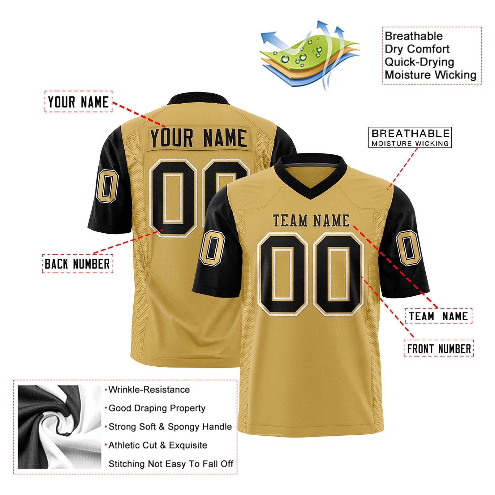 Custom Old Gold-Black Mesh Authentic Football Jersey