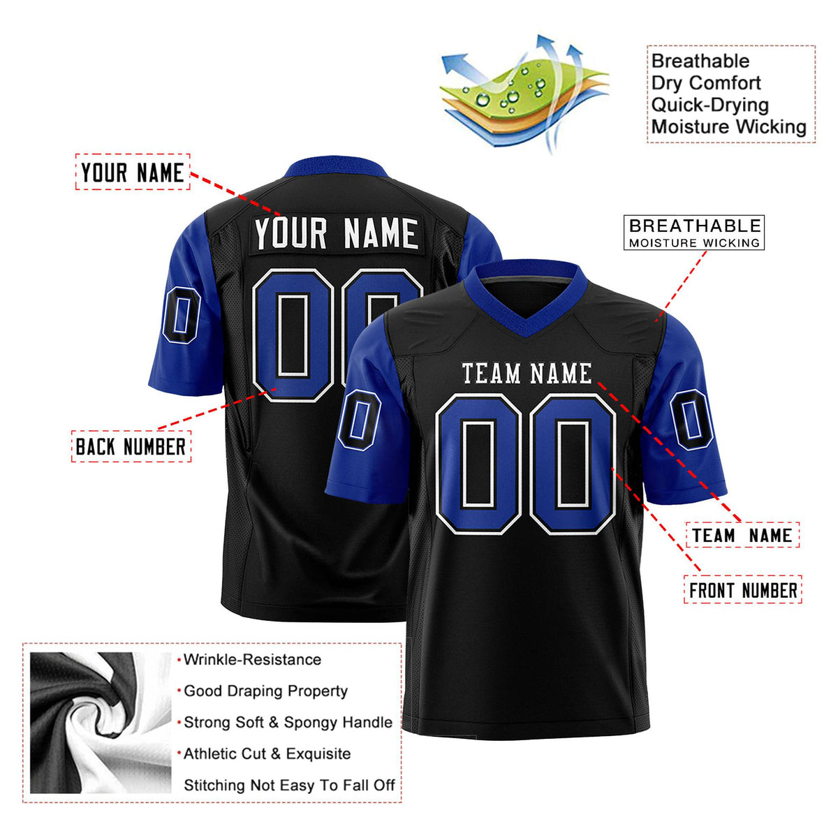 Custom Black-Royal Blue Mesh Authentic Football Jersey