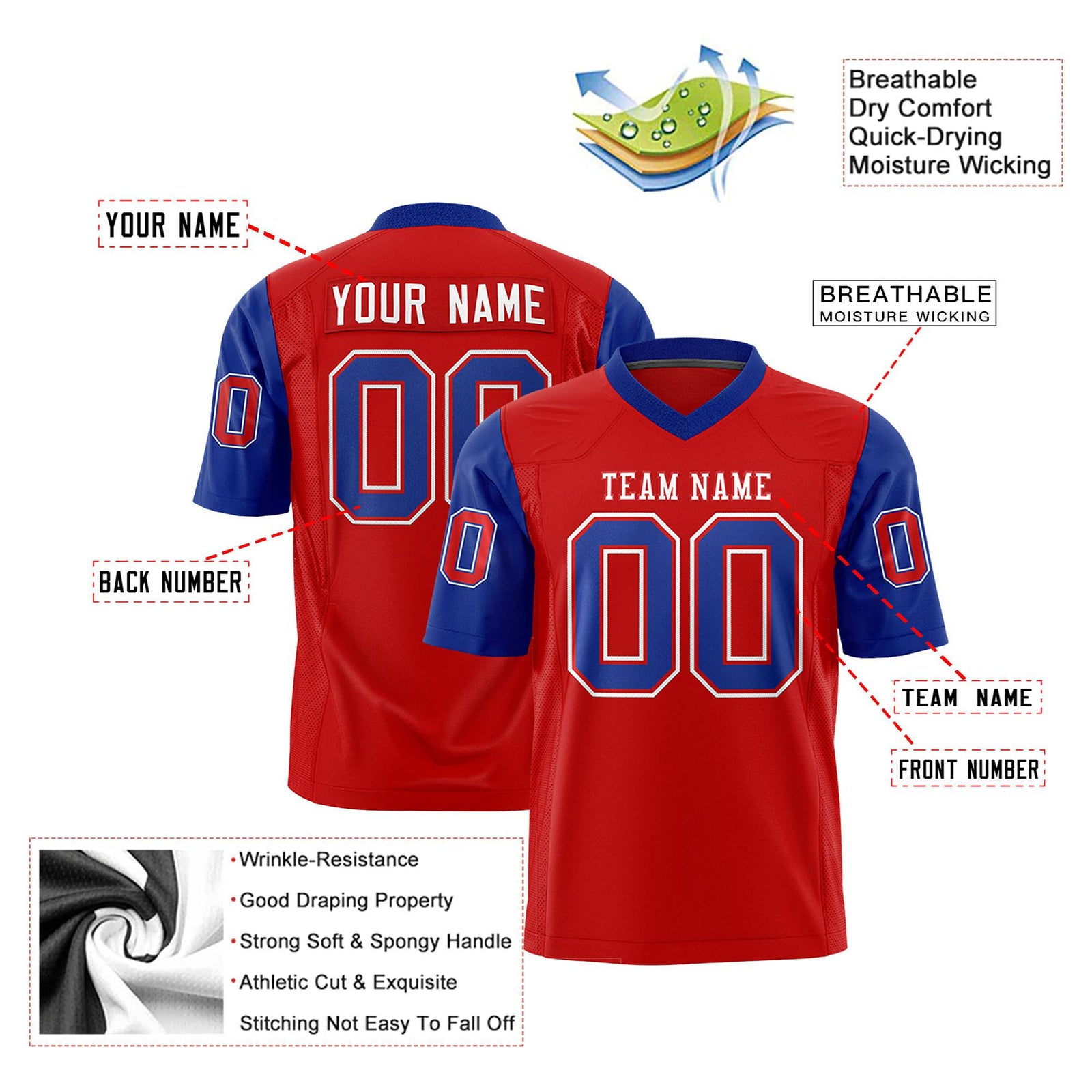 Custom Red-Royal Blue Mesh Authentic Football Jersey