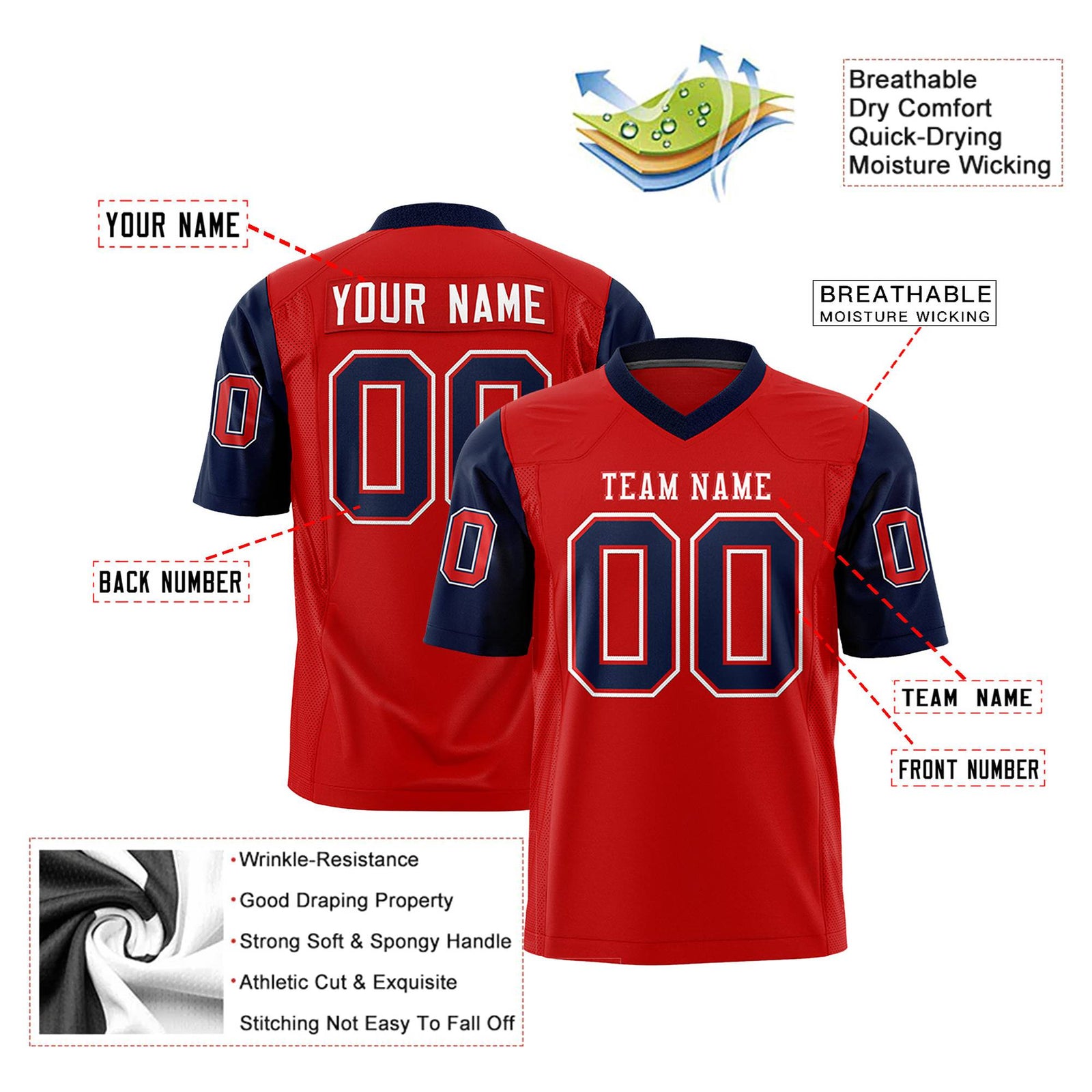 Custom Red Navy Mesh Authentic Football Jersey