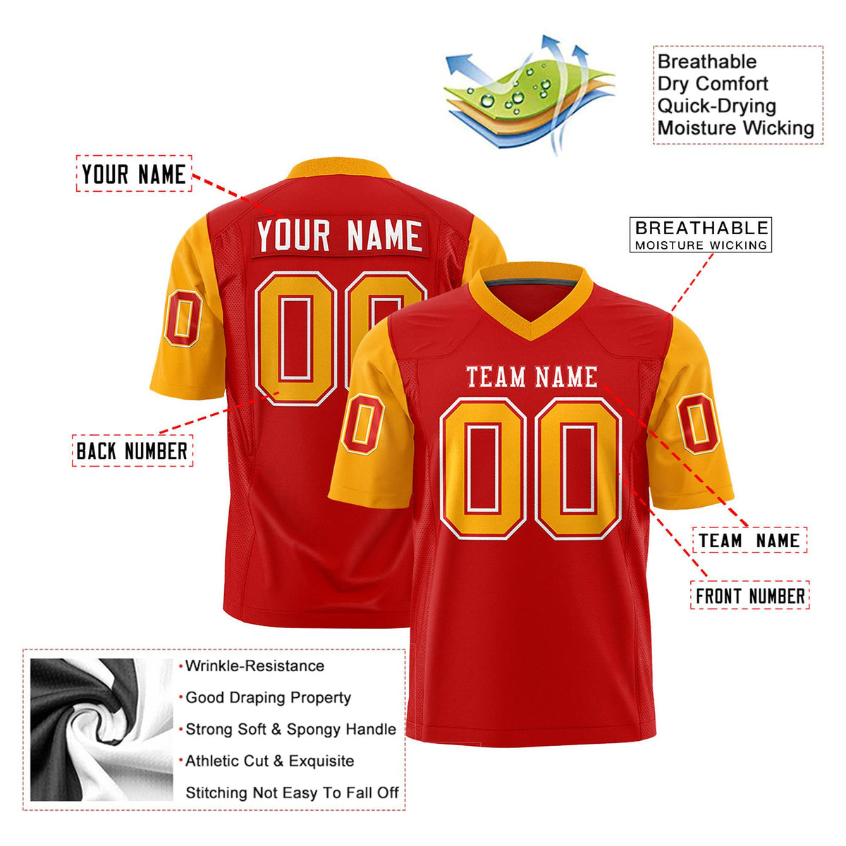 Custom Red Yellow Mesh Authentic Football Jersey