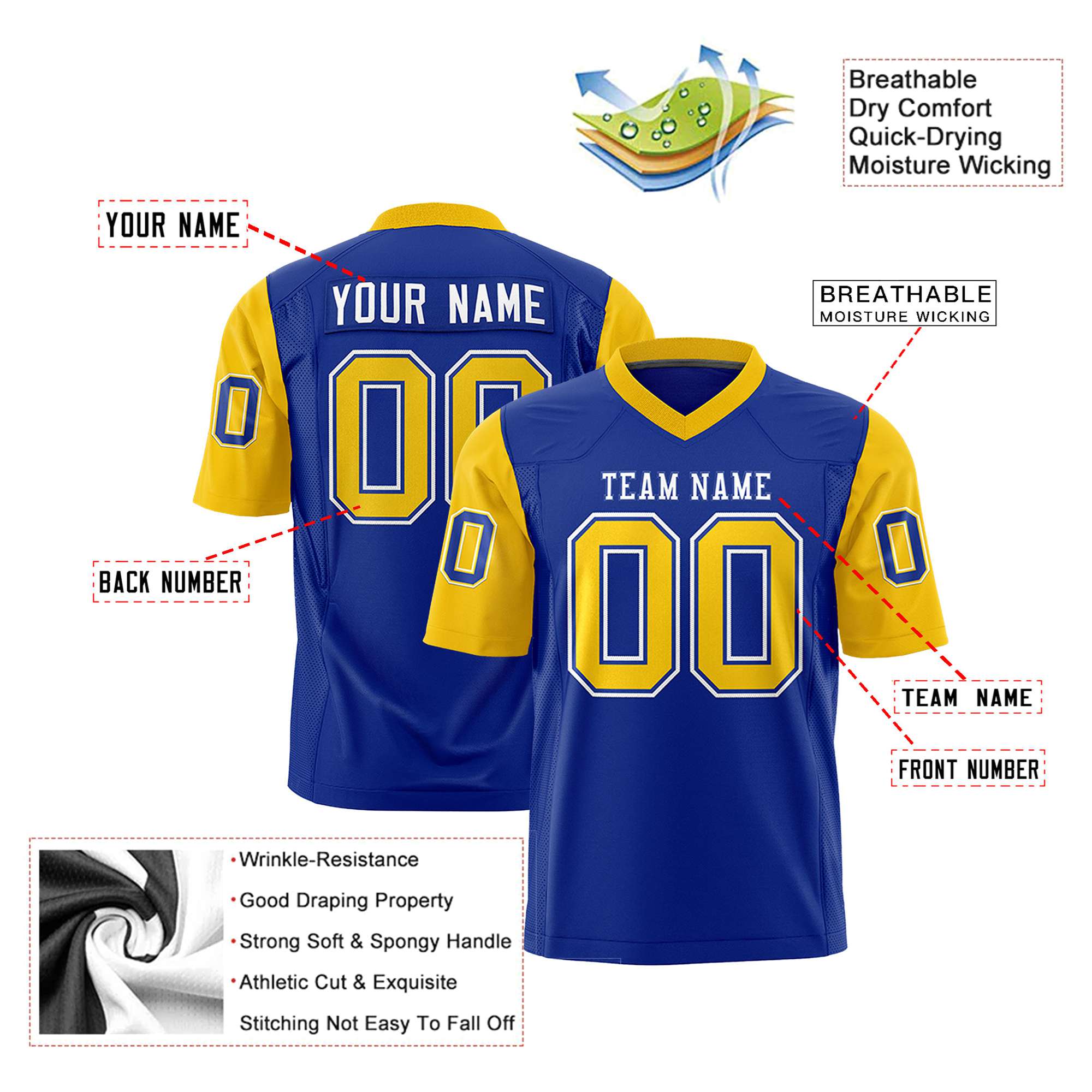 Custom Royal Blue-Gold Mesh Authentic Football Jersey