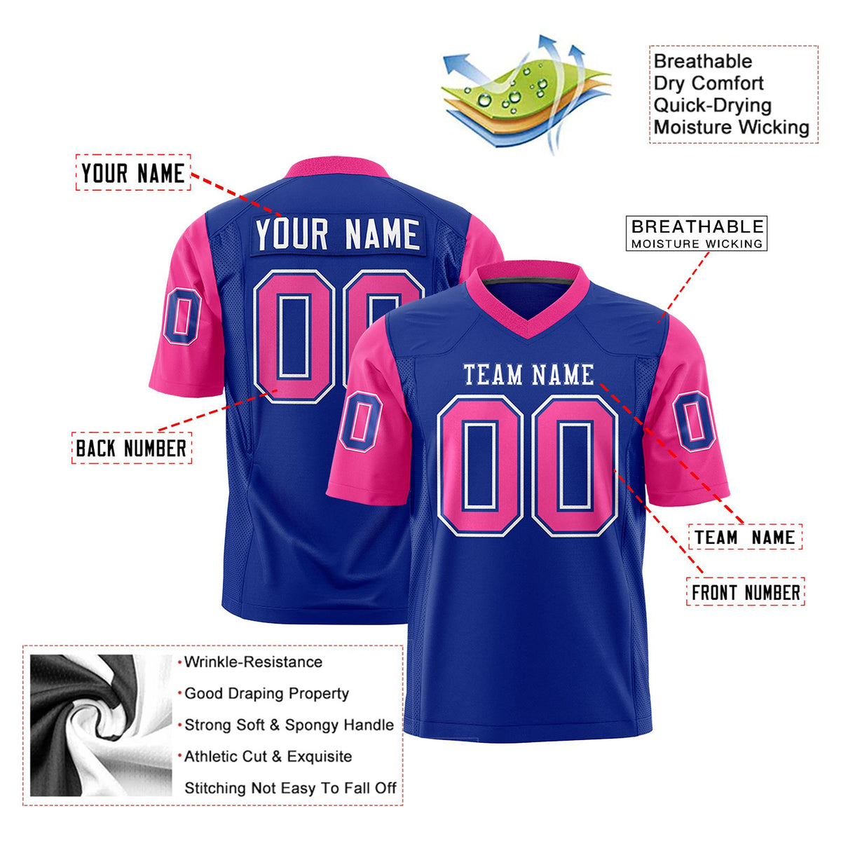 Custom Royal Blue-Pink Mesh Authentic Football Jersey