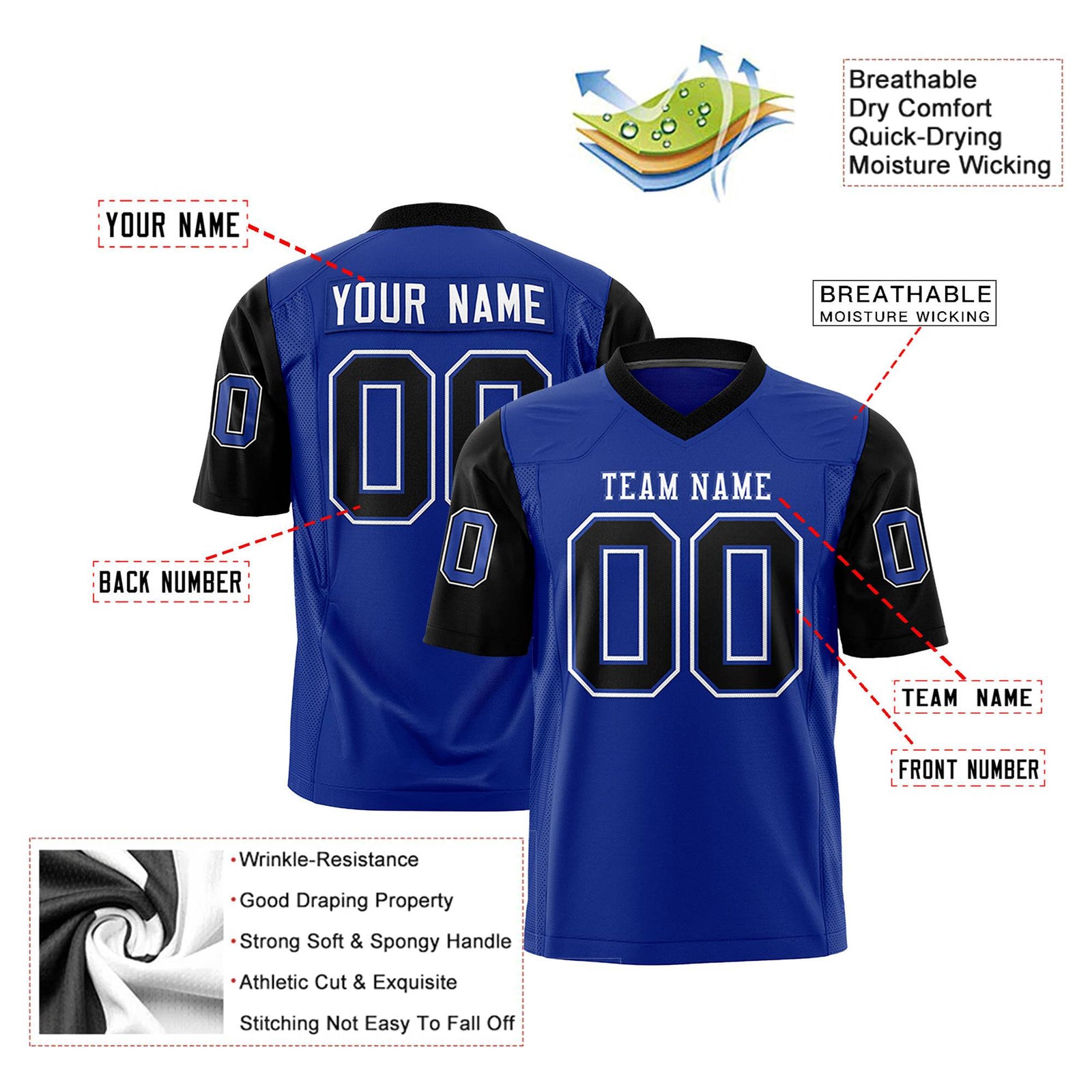 Custom Royal Blue-Black Mesh Authentic Football Jersey