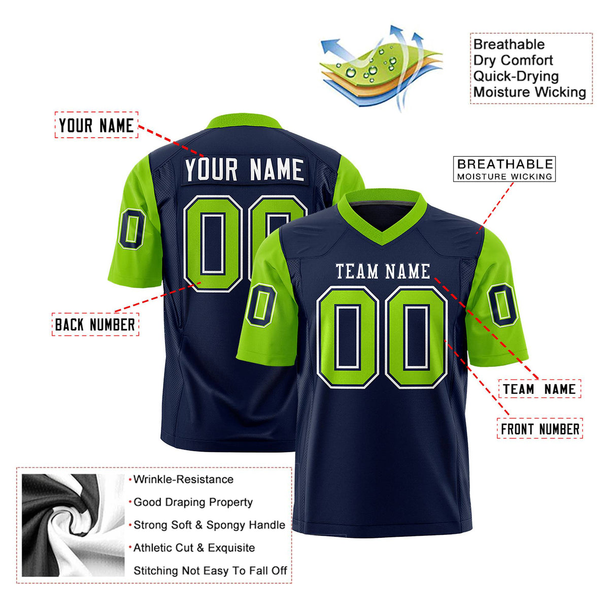 Custom Navy-Neon Green Mesh Authentic Football Jersey