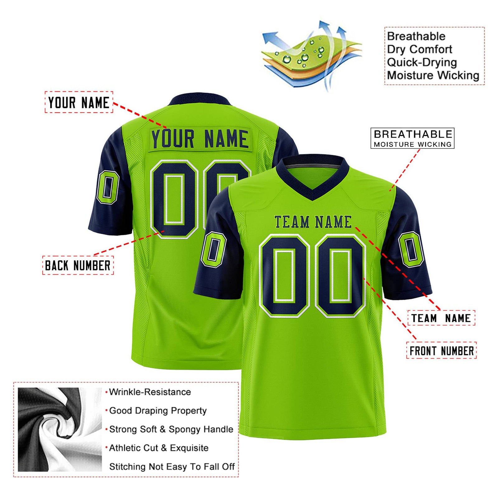 Custom Neon Green-Navy Mesh Authentic Football Jersey