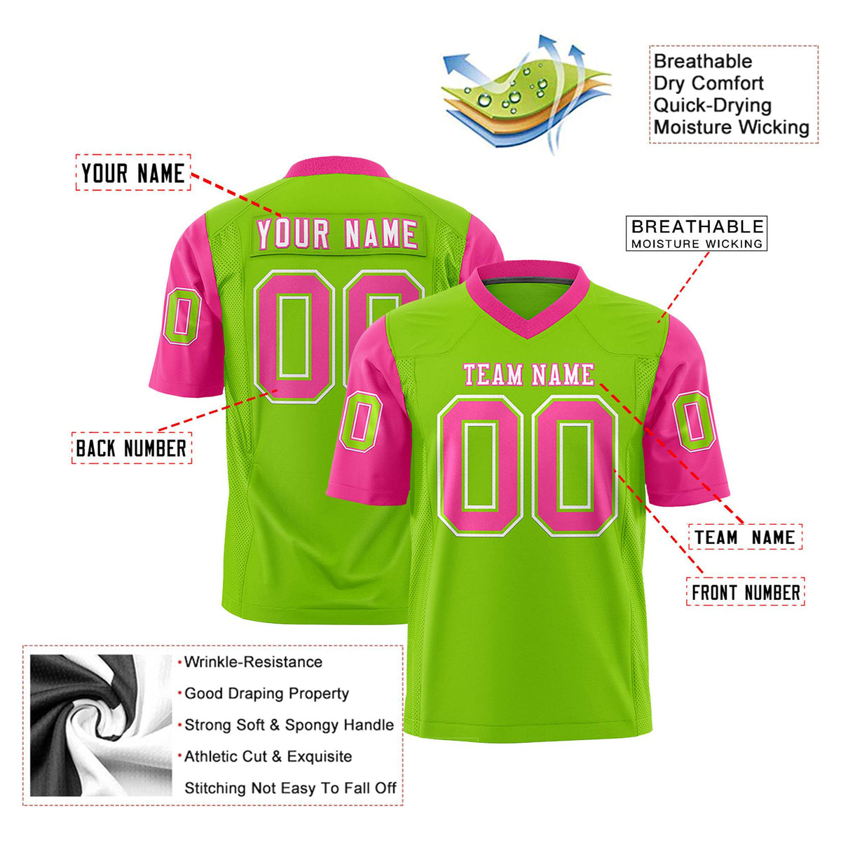 Custom Neon Green-Pink Mesh Authentic Football Jersey