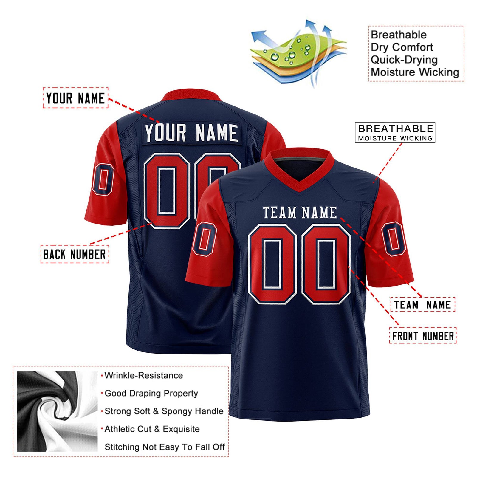 Custom Navy Red Mesh Authentic Football Jersey
