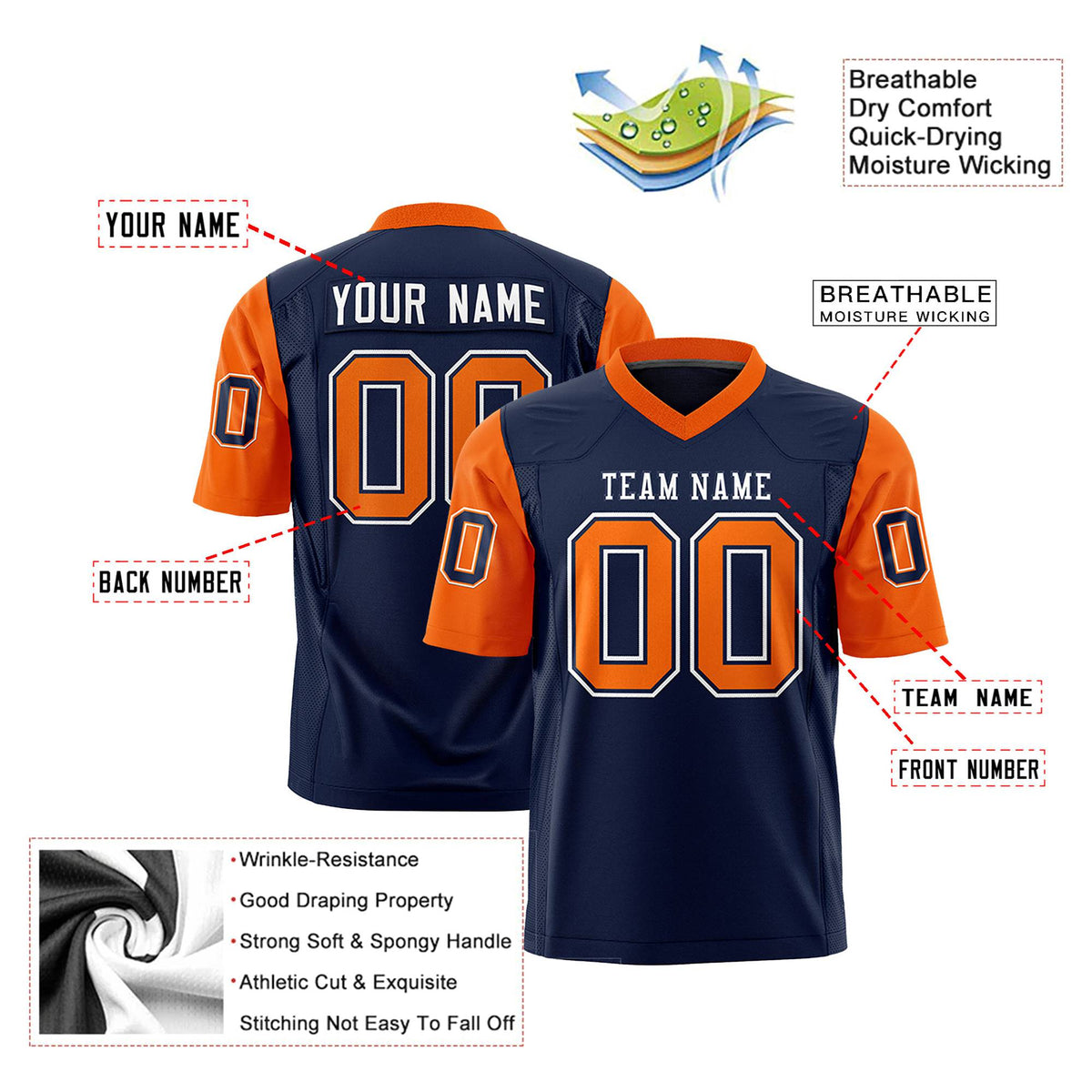 Custom Navy Orange Mesh Authentic Football Jersey