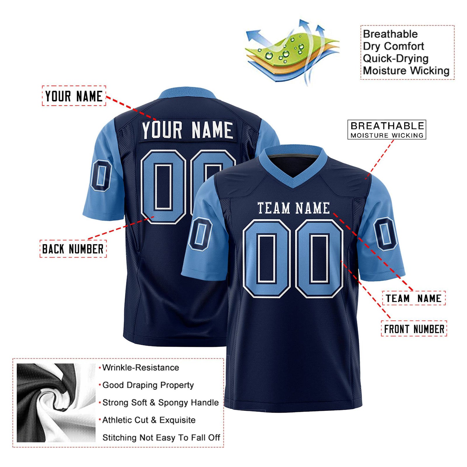 Custom Navy-Light Blue Mesh Authentic Football Jersey