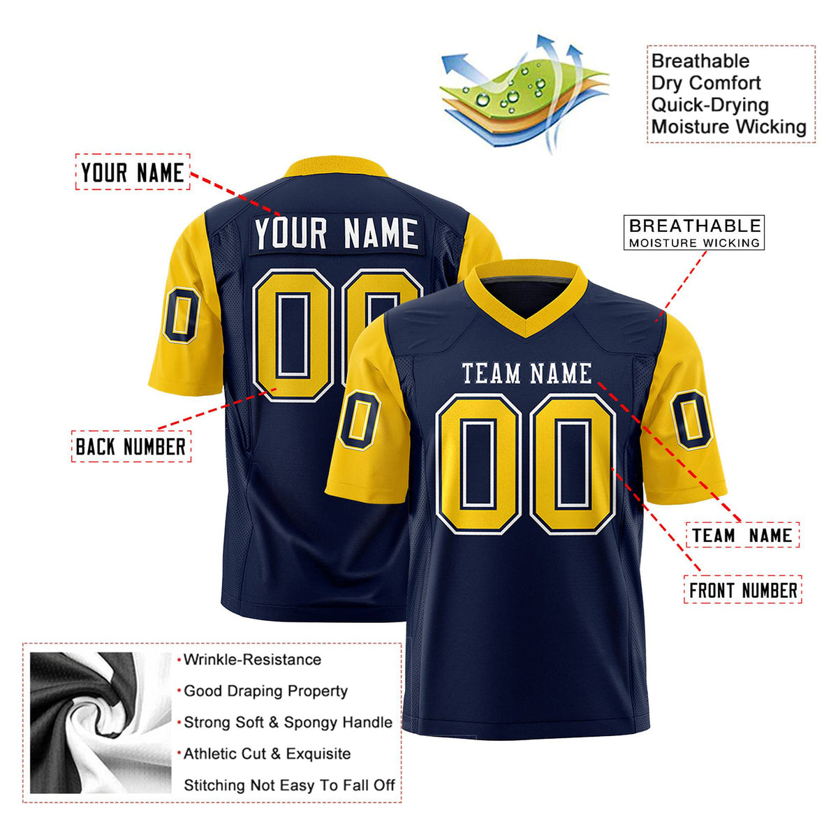 Custom Navy Gold Mesh Authentic Football Jersey