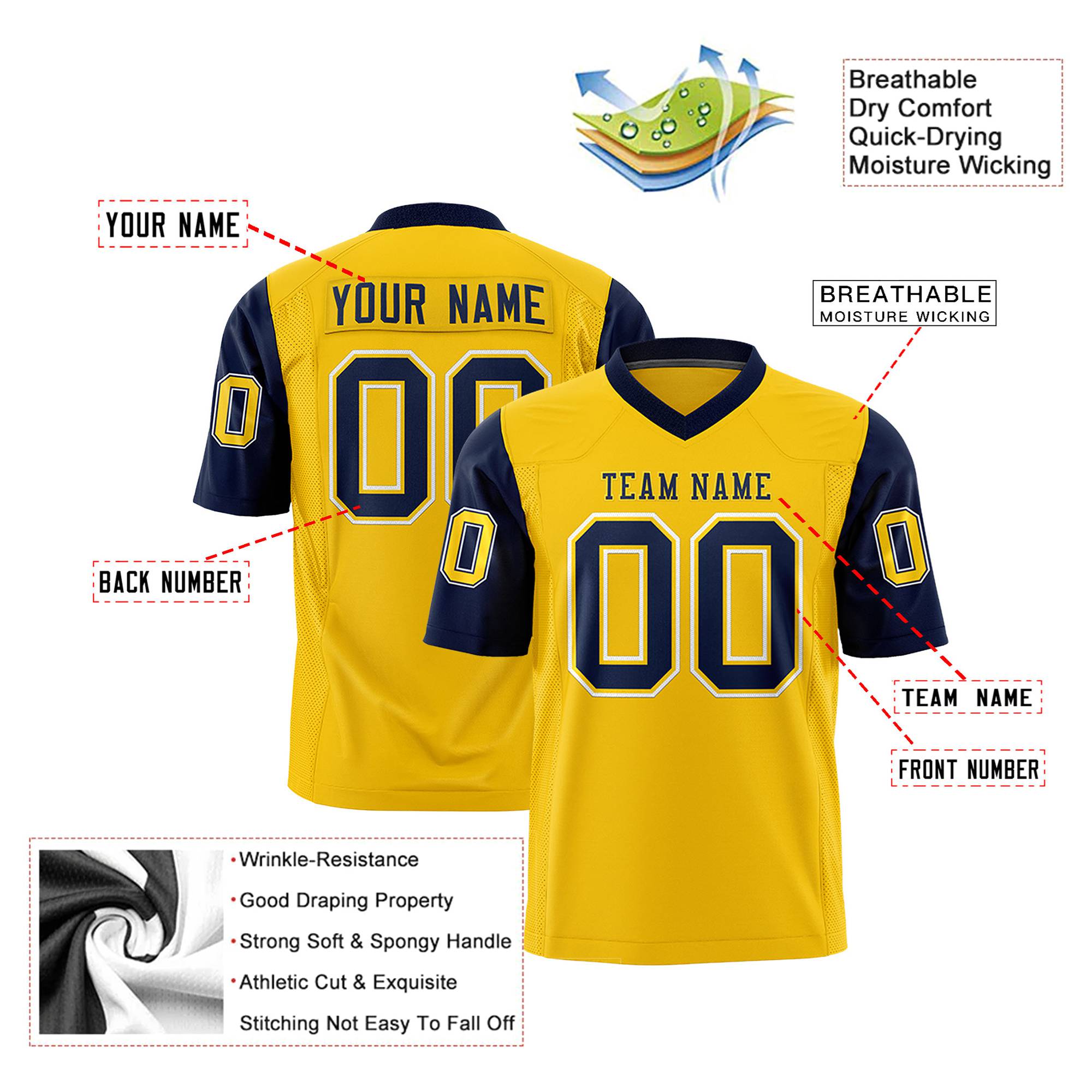 Custom Gold Navy Mesh Authentic Football Jersey