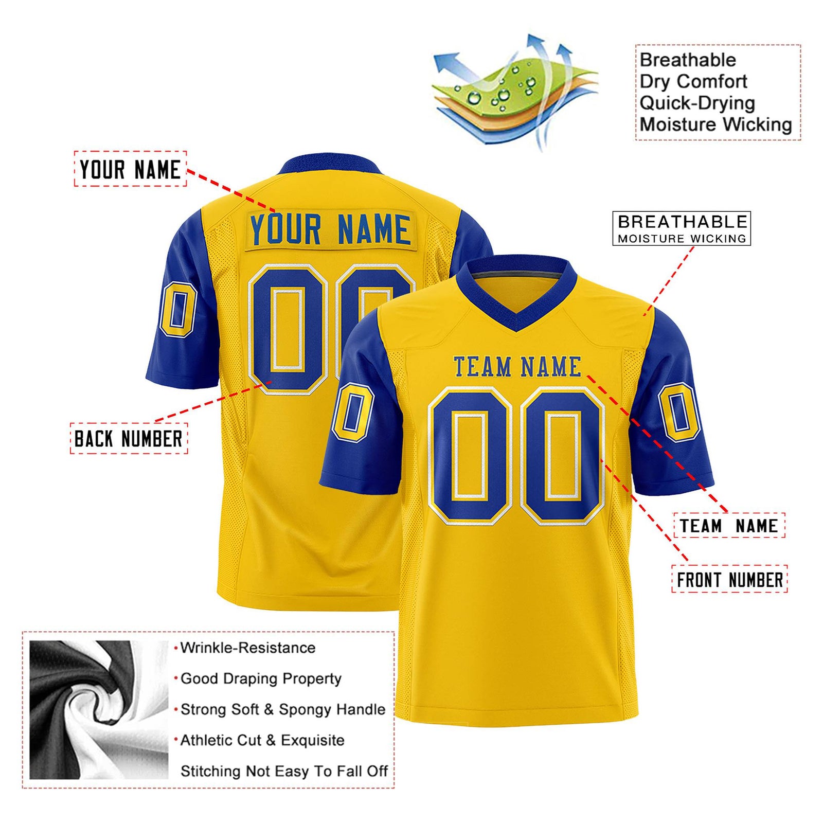 Custom Gold Royal-Blue Mesh Authentic Football Jersey