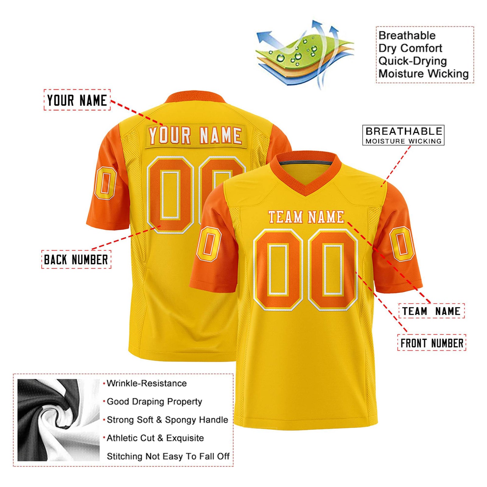 Custom Gold Orange Mesh Authentic Football Jersey