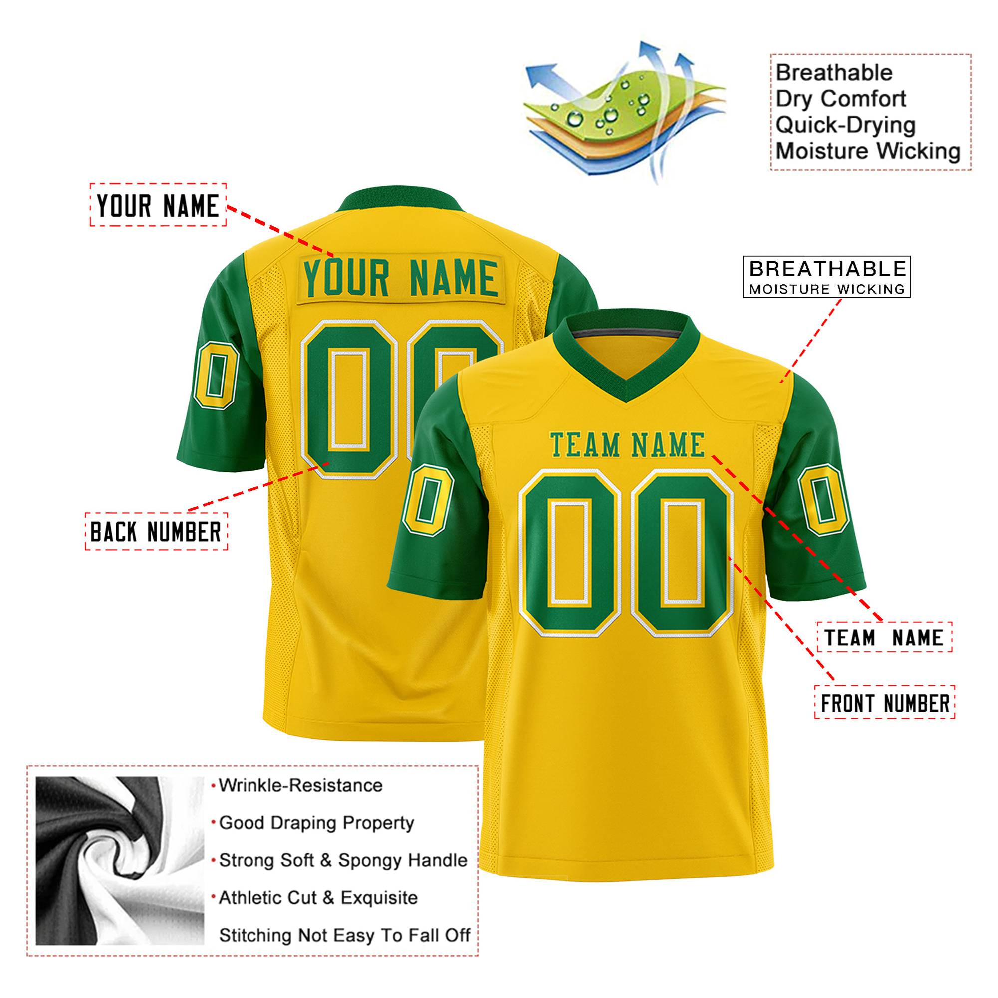 Custom Gold-Kelly Green Mesh Authentic Football Jersey