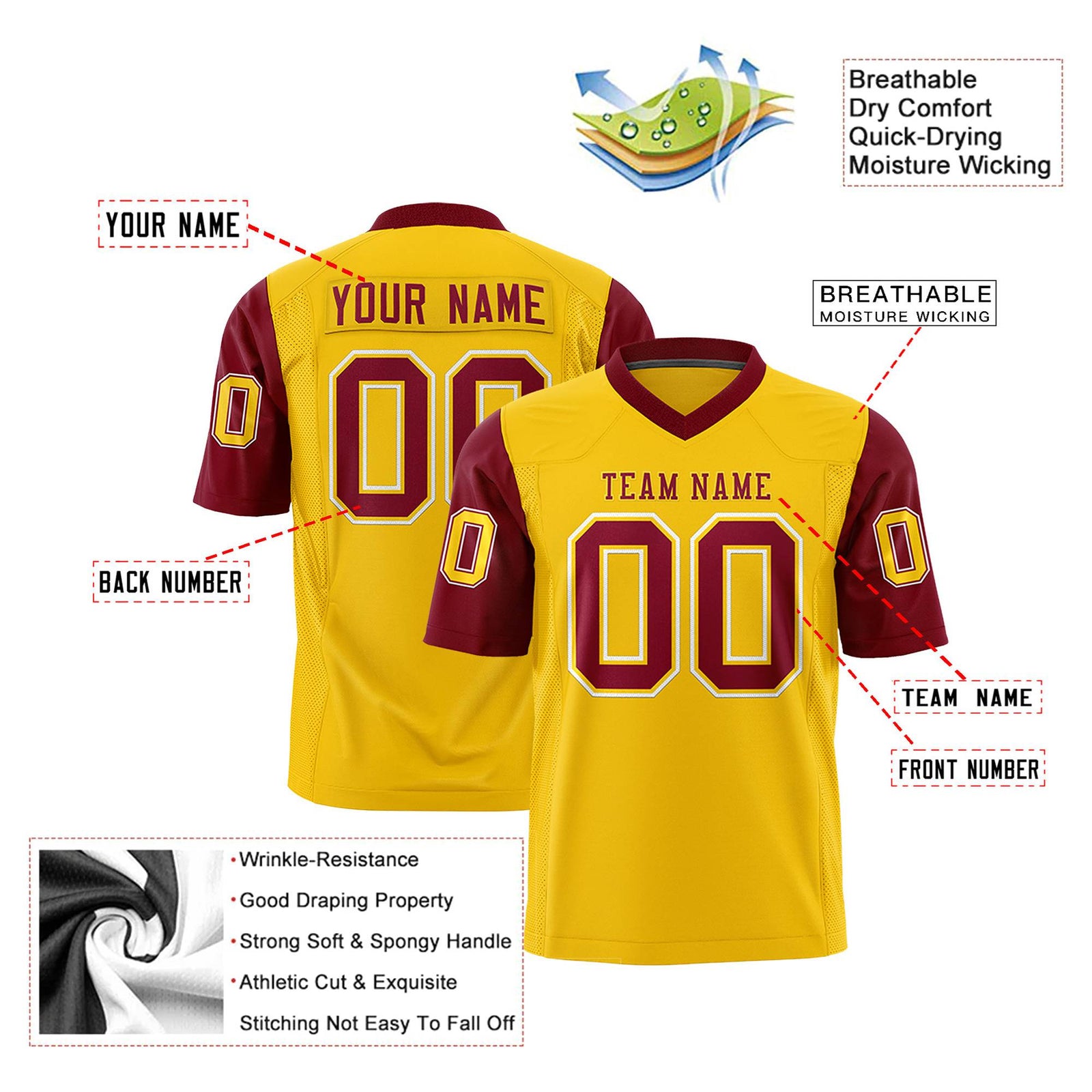 Custom Gold Crimson Mesh Authentic Football Jersey