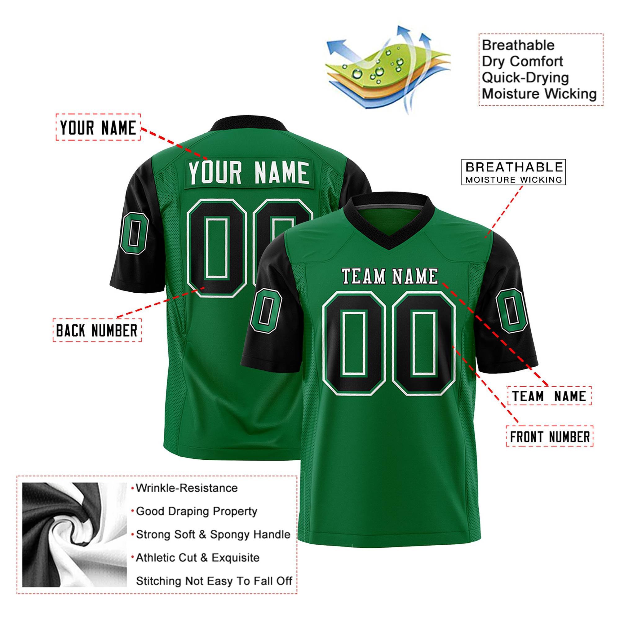 Custom Kelly Green Black Mesh Authentic Football Jersey