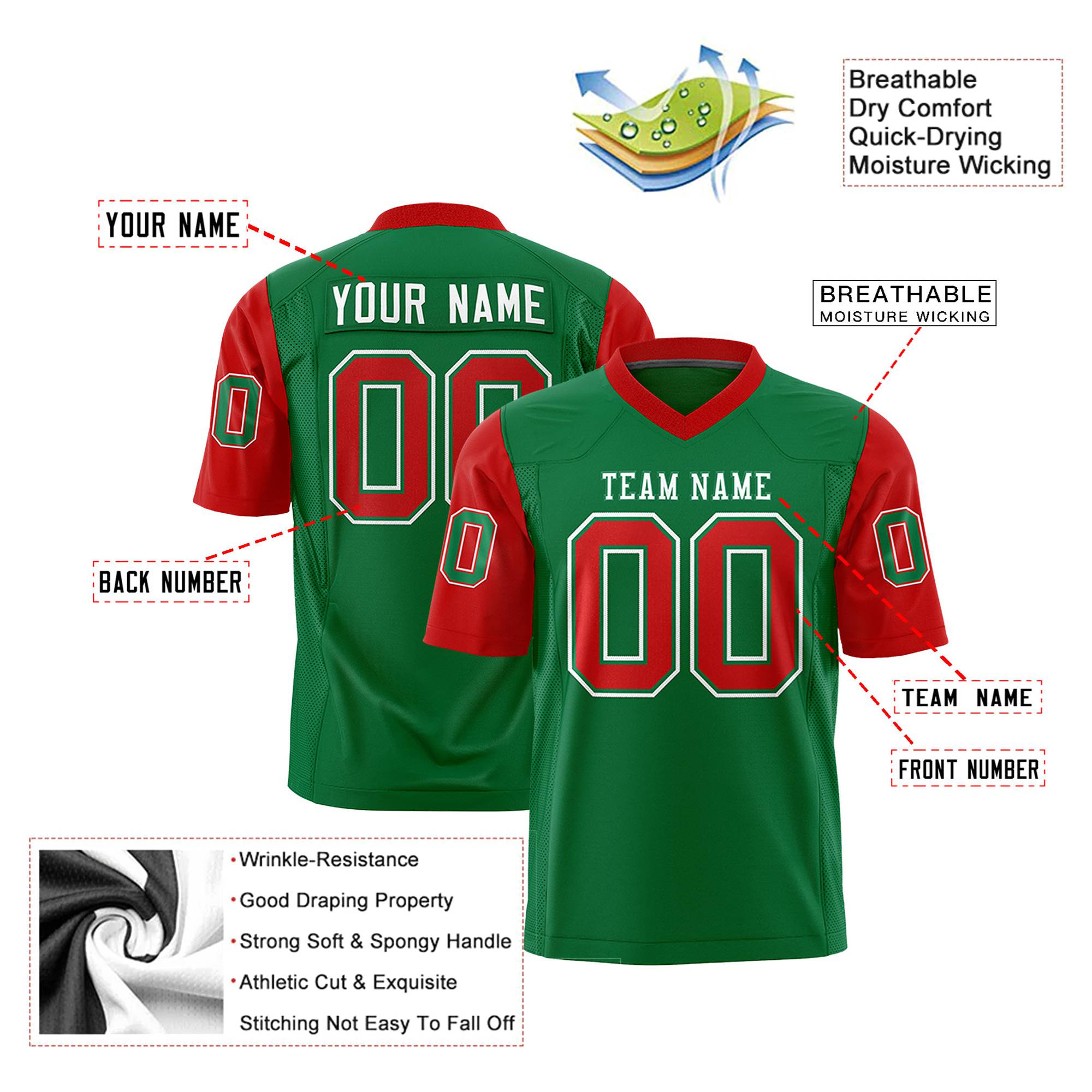 Custom Kelly Green-Red Mesh Authentic Football Jersey