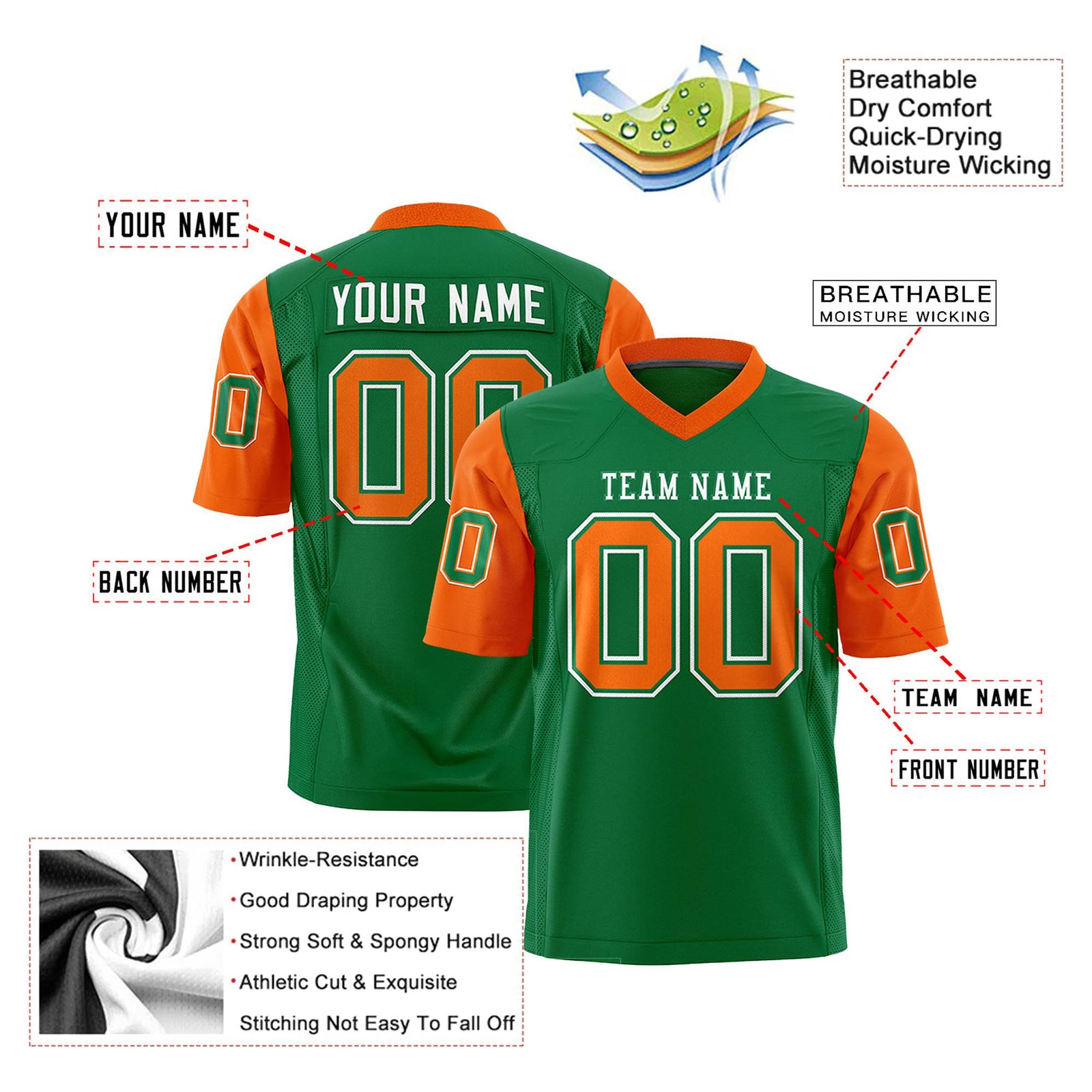 Custom Kelly Green-Orange Mesh Authentic Football Jersey