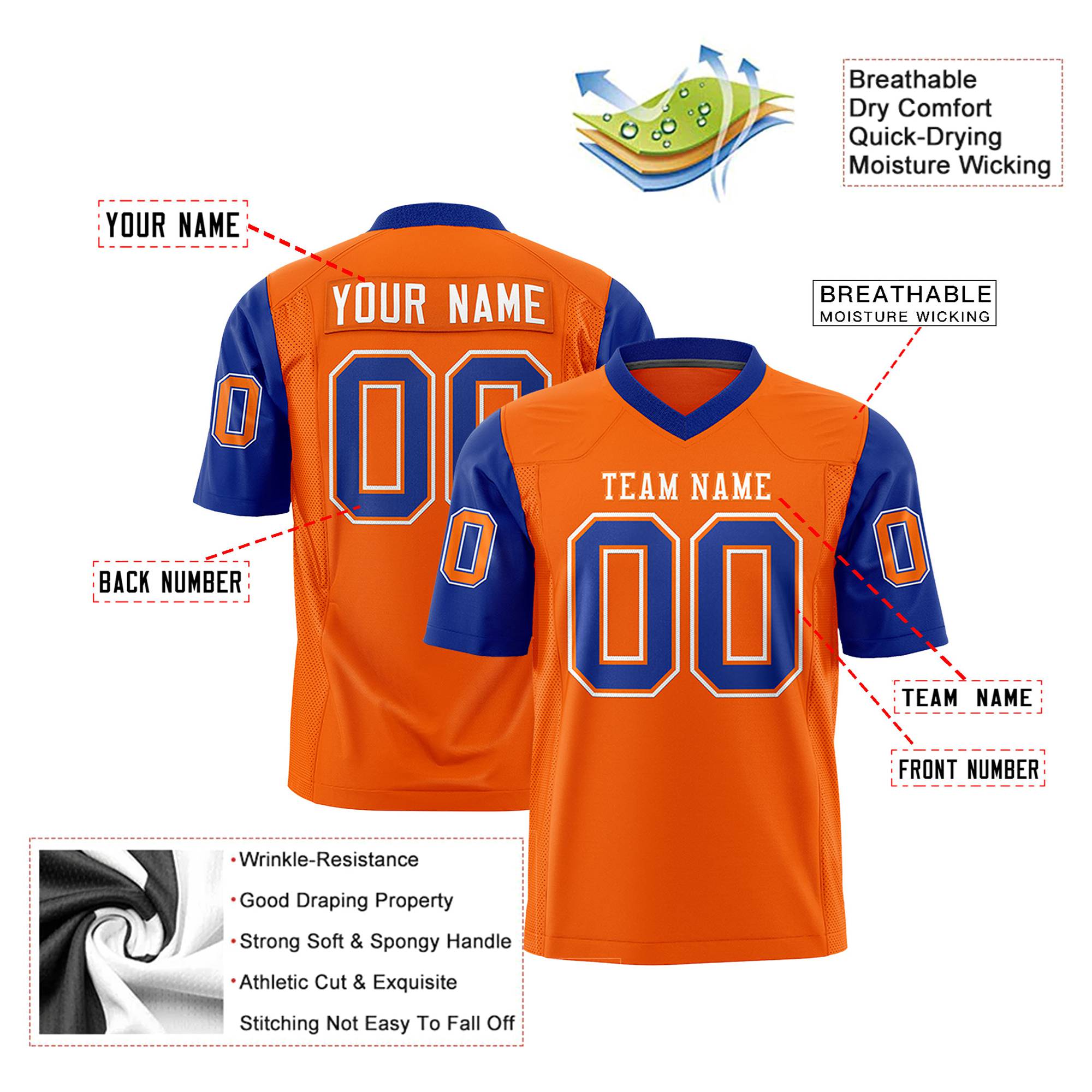 Custom Orange-Royal Blue Mesh Authentic Football Jersey