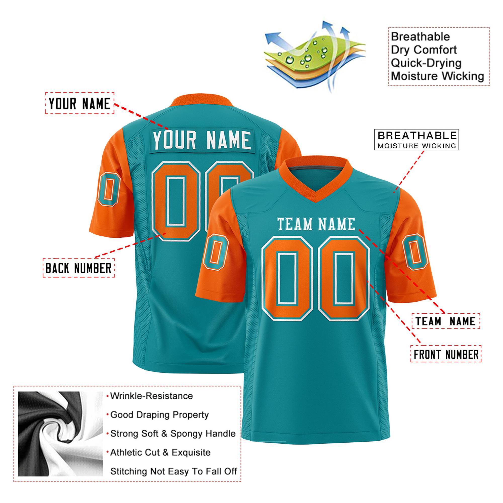 Custom Aqua Orange Mesh Authentic Football Jersey