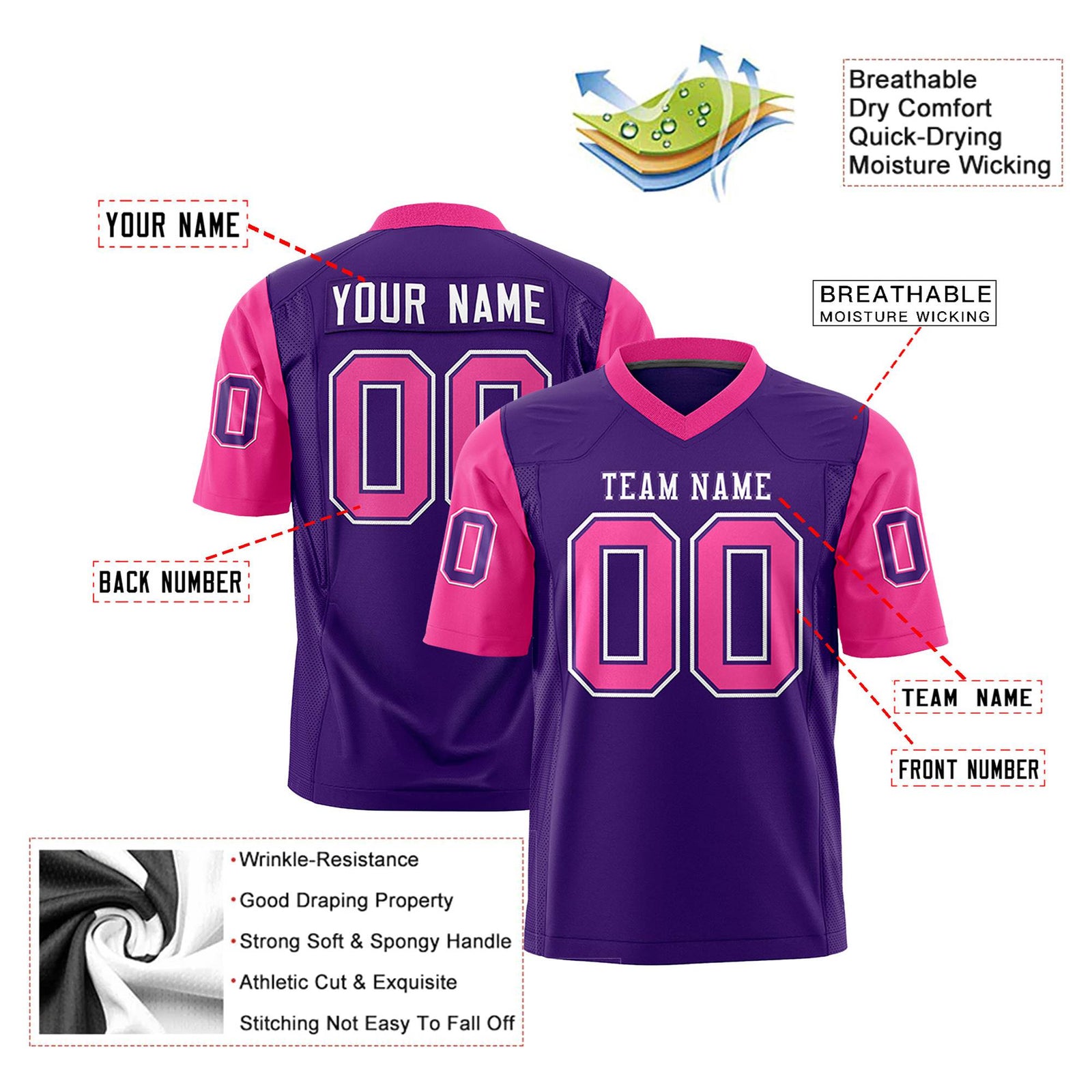Custom Purple Pink Mesh Authentic Football Jersey