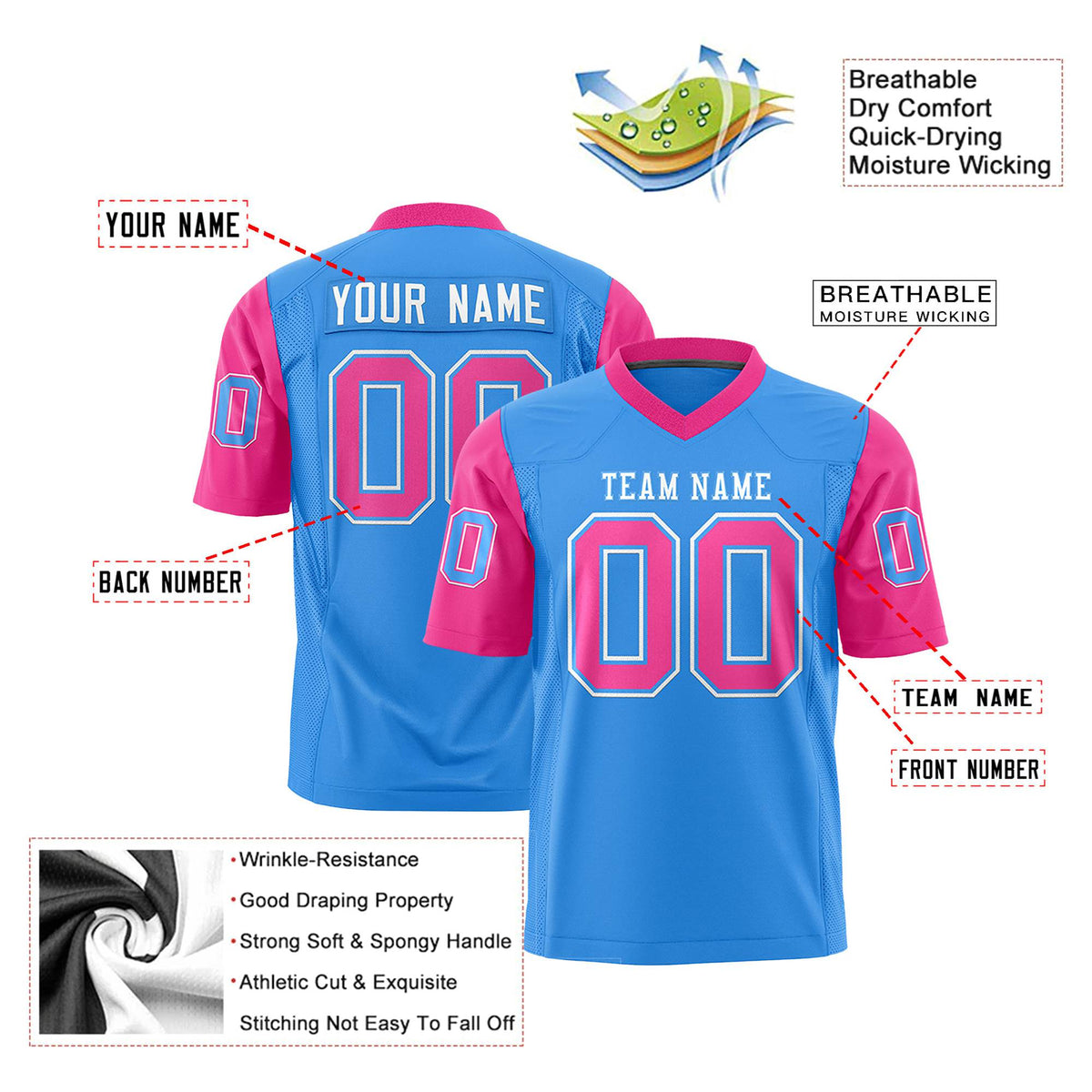 Custom Powder Blue-Pink Mesh Authentic Football Jersey