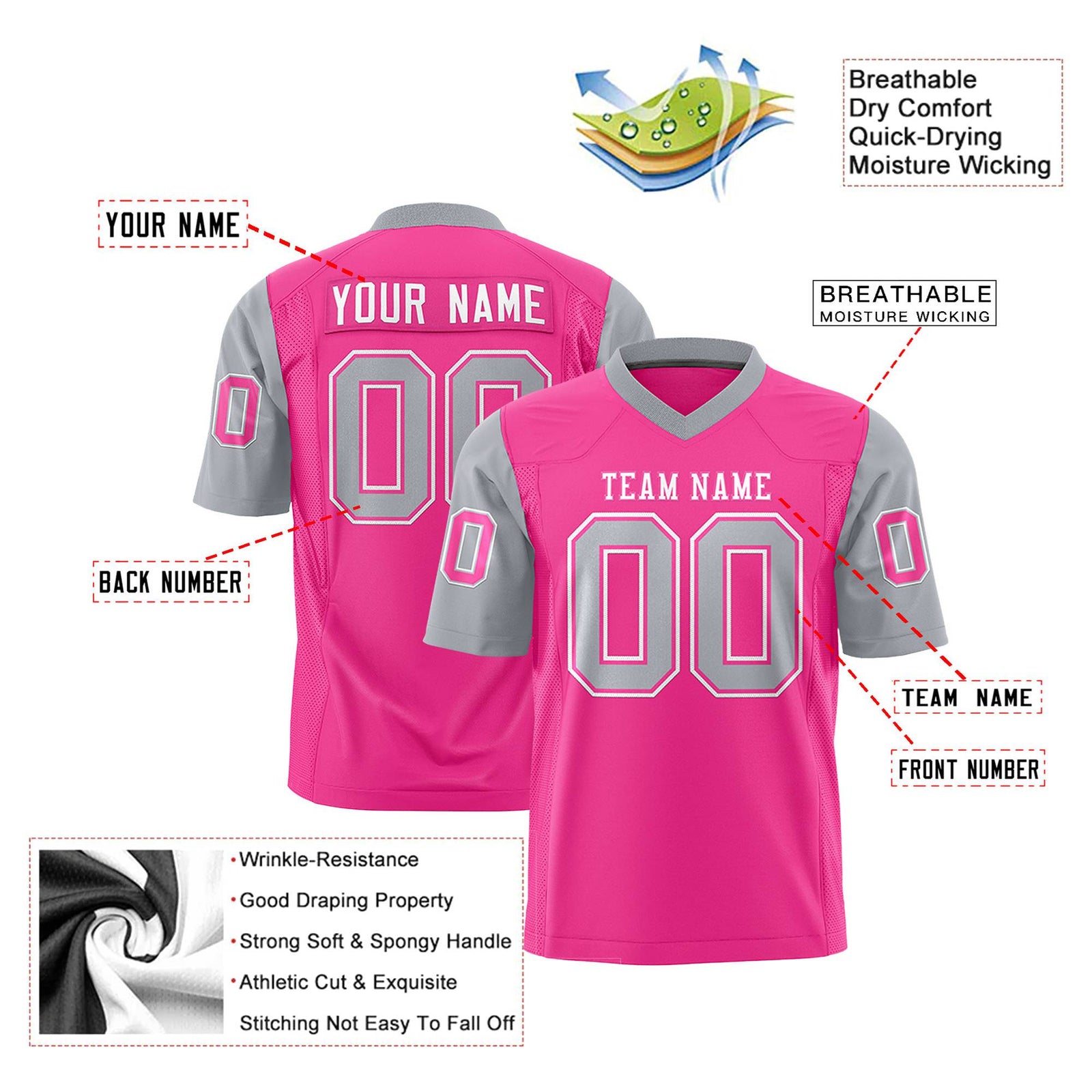 Custom Pink Gray Mesh Authentic Football Jersey