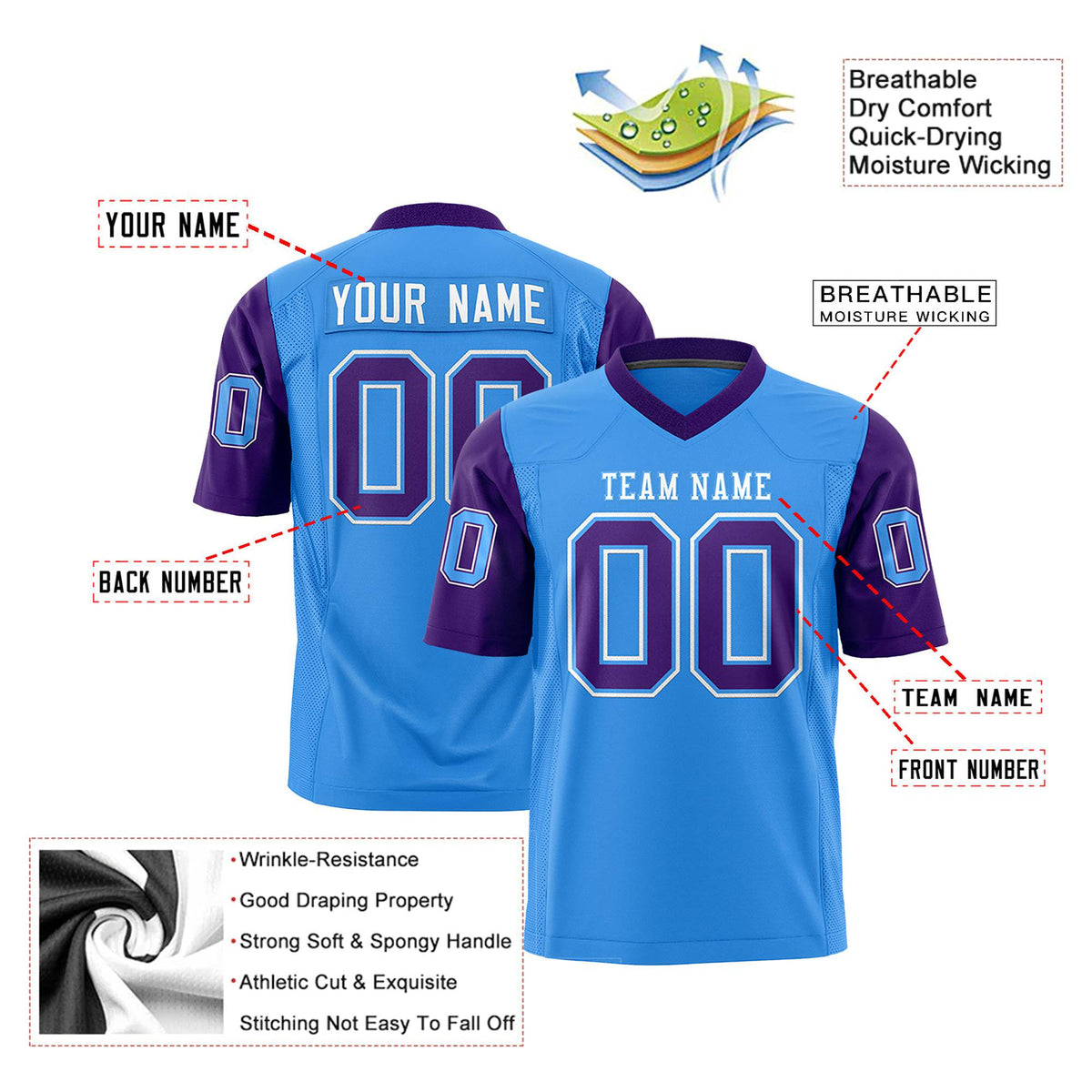 Custom Powder Blue-Purple Mesh Authentic Football Jersey
