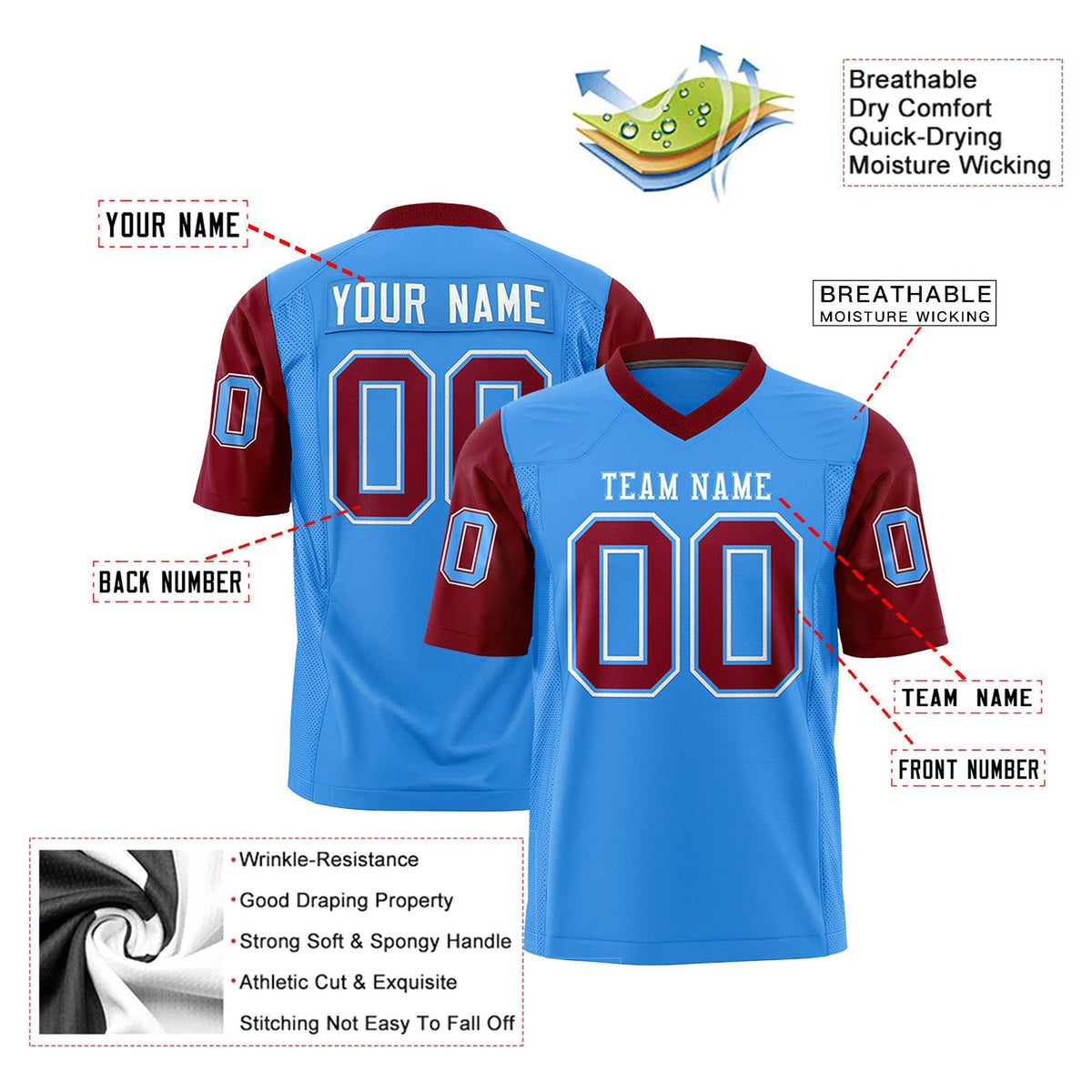 Custom Powder Blue-Crimson Mesh Authentic Football Jersey