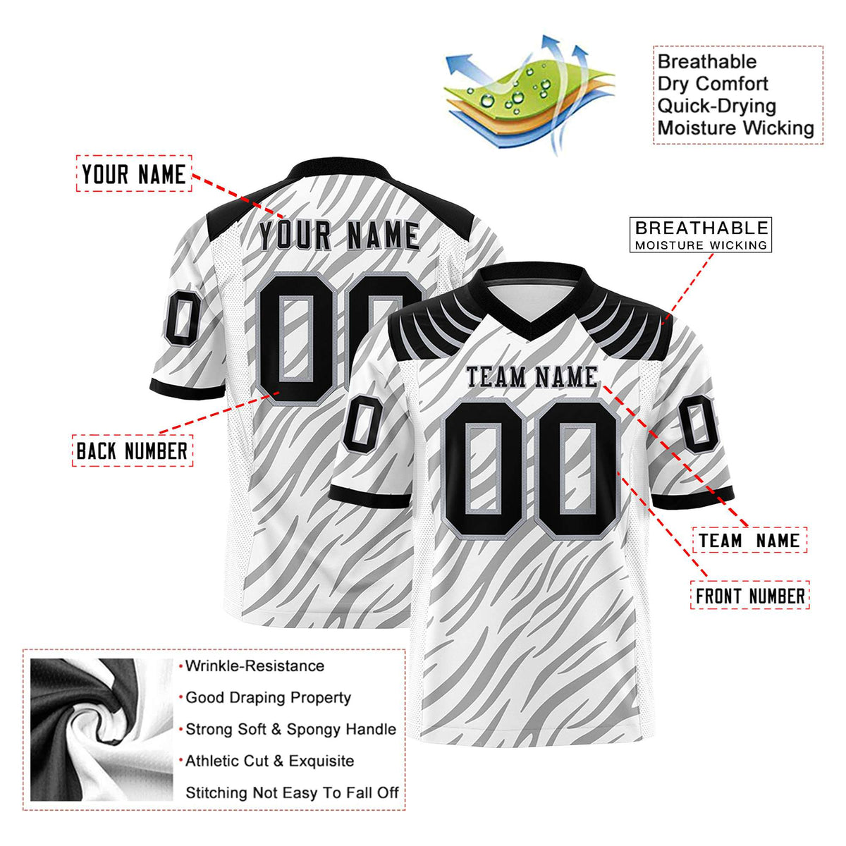 Custom White Gray Personalized Tiger Stripe Graffiti Pattern Authentic Football Jersey