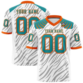 Camiseta de fútbol auténtica personalizada con estampado de grafiti de rayas de tigre en blanco, gris y aguamarina
