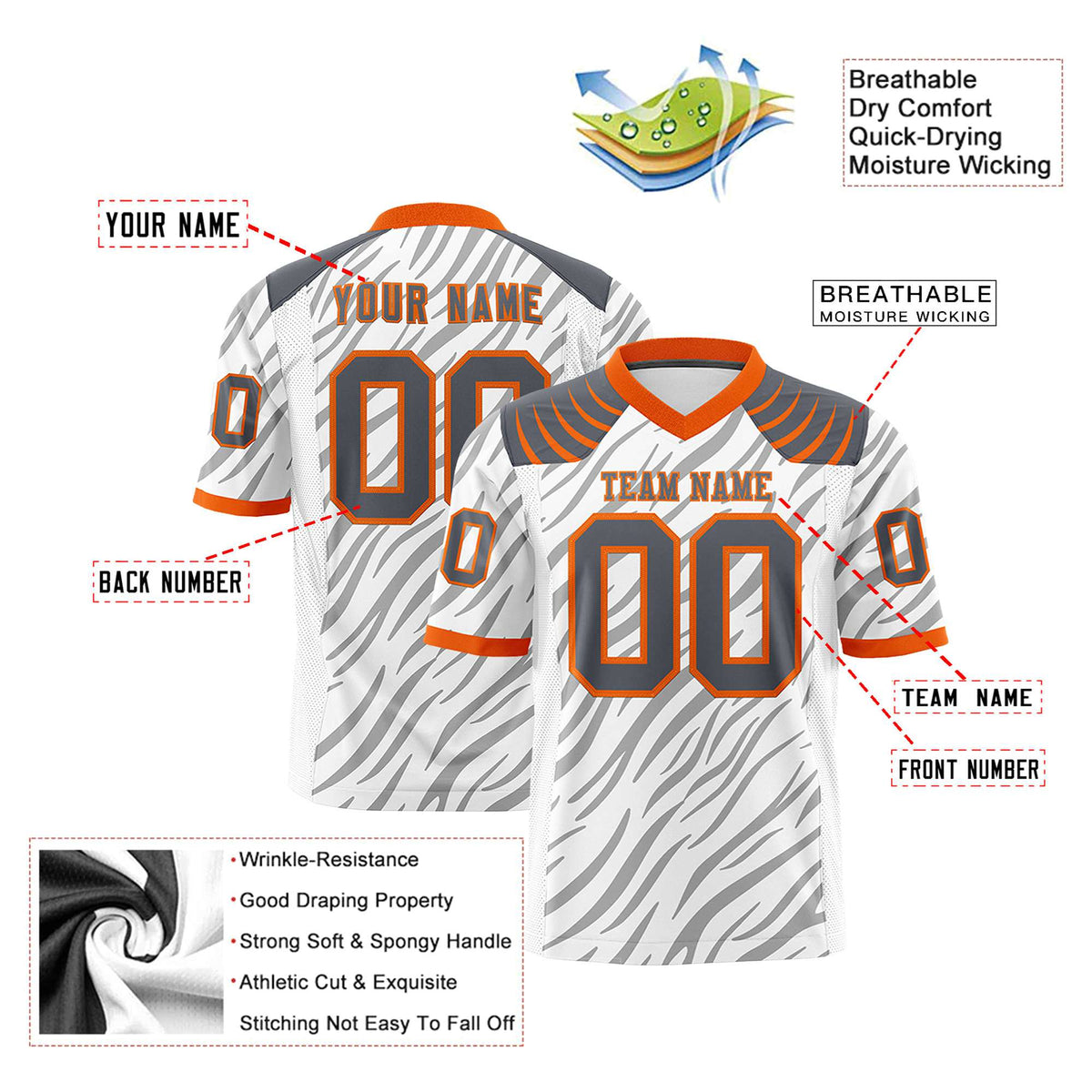 Custom White Gray Personalized Tiger Stripe Graffiti Pattern Authentic Football Jersey