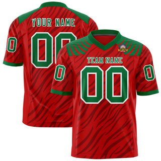 Camiseta de fútbol auténtica personalizada con estampado de grafiti de rayas de tigre en rojo y verde Kelly