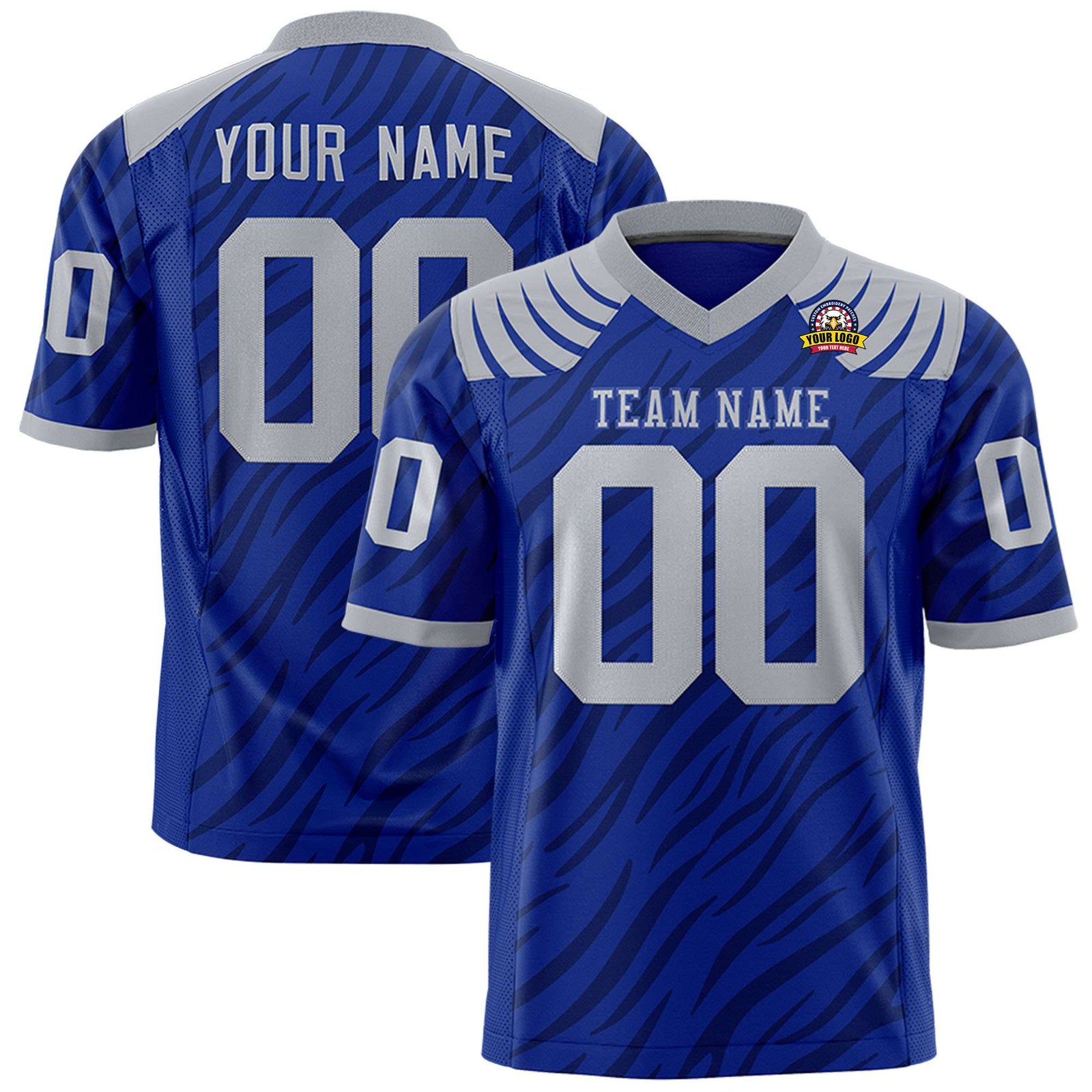 Custom Royal Blue Dark Gray Personalized Tiger Stripe Graffiti Pattern Authentic Football Jersey