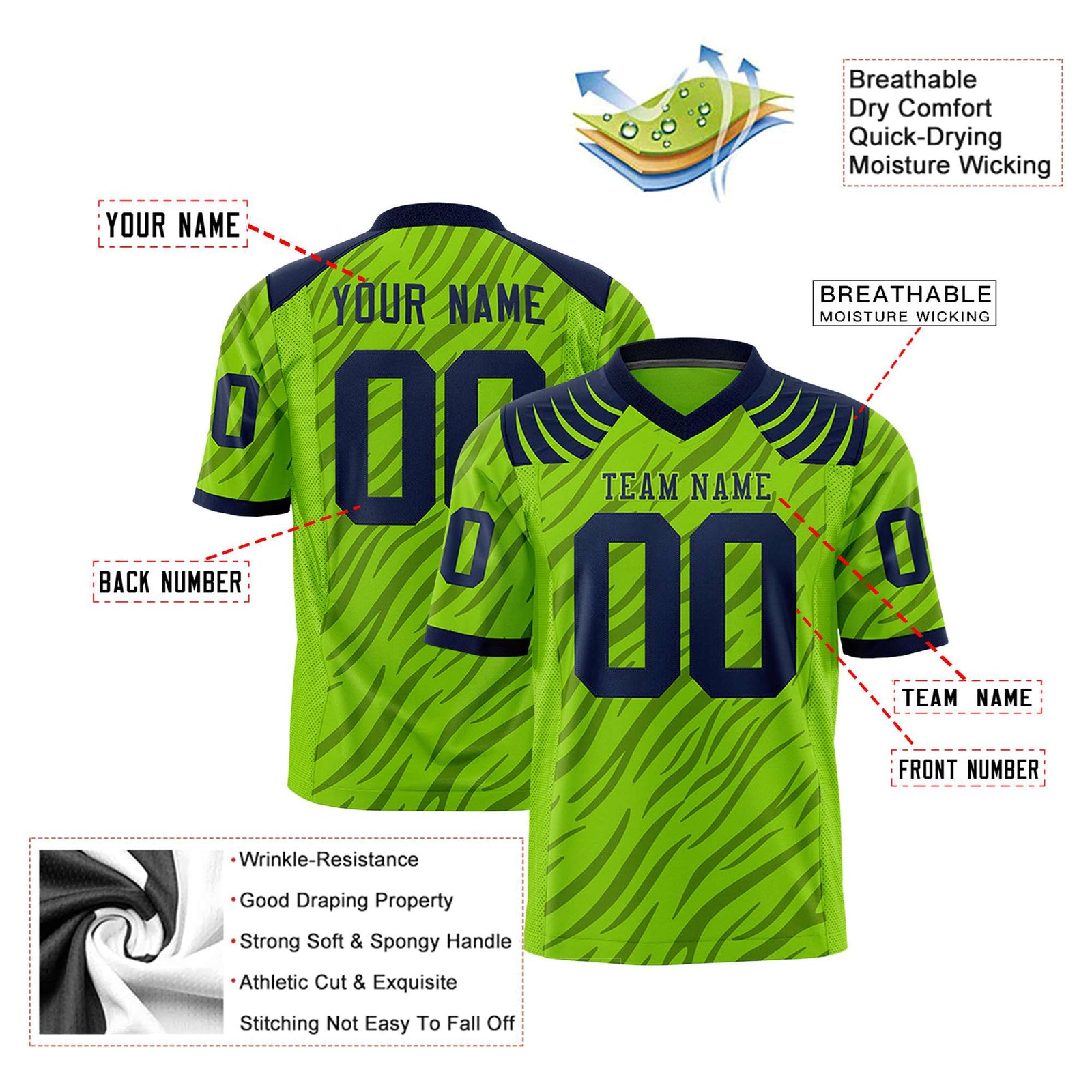 Custom Neon Green Gray Personalized Tiger Stripe Graffiti Pattern Authentic Football Jersey