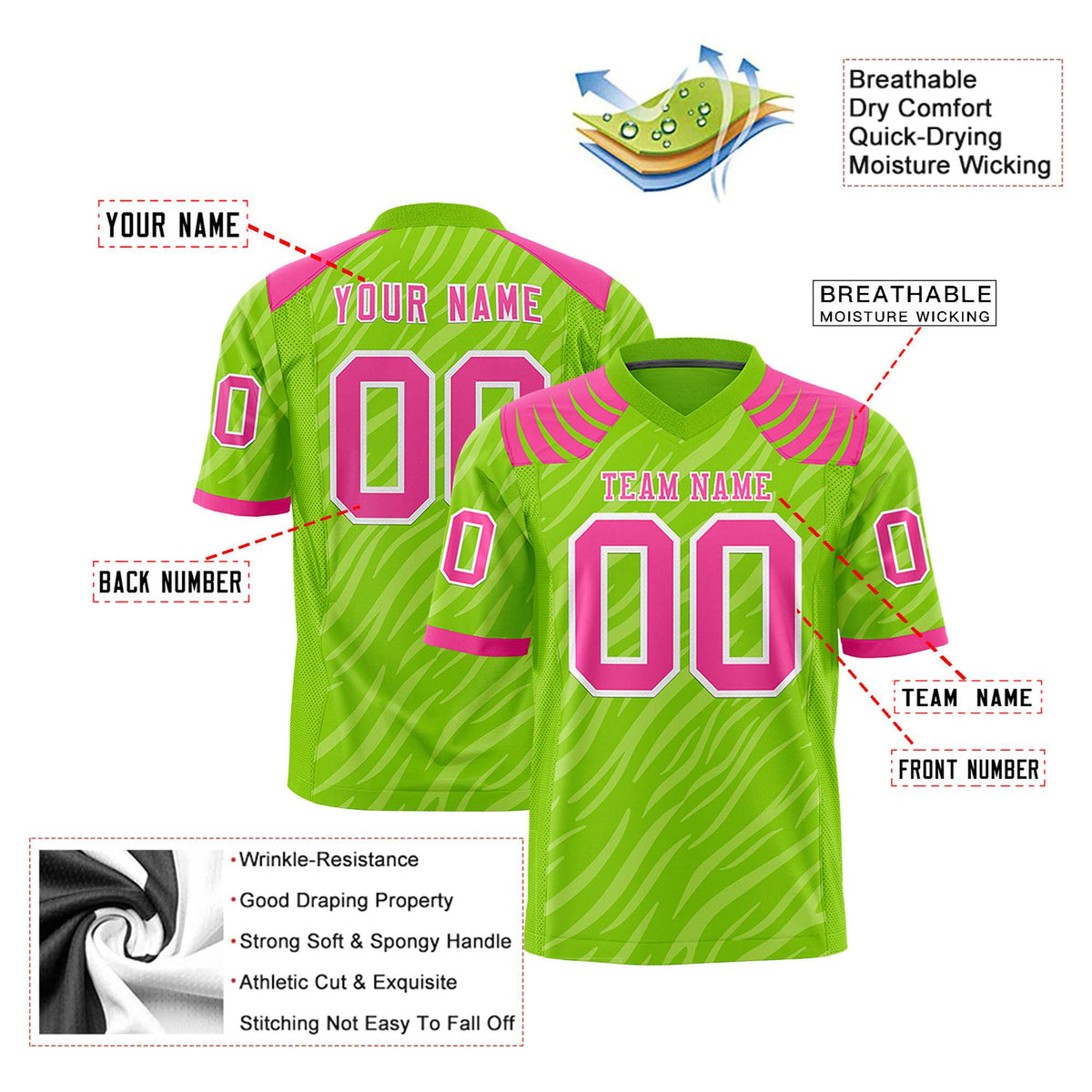 Custom Neon Green Gray Personalized Tiger Stripe Graffiti Pattern Authentic Football Jersey