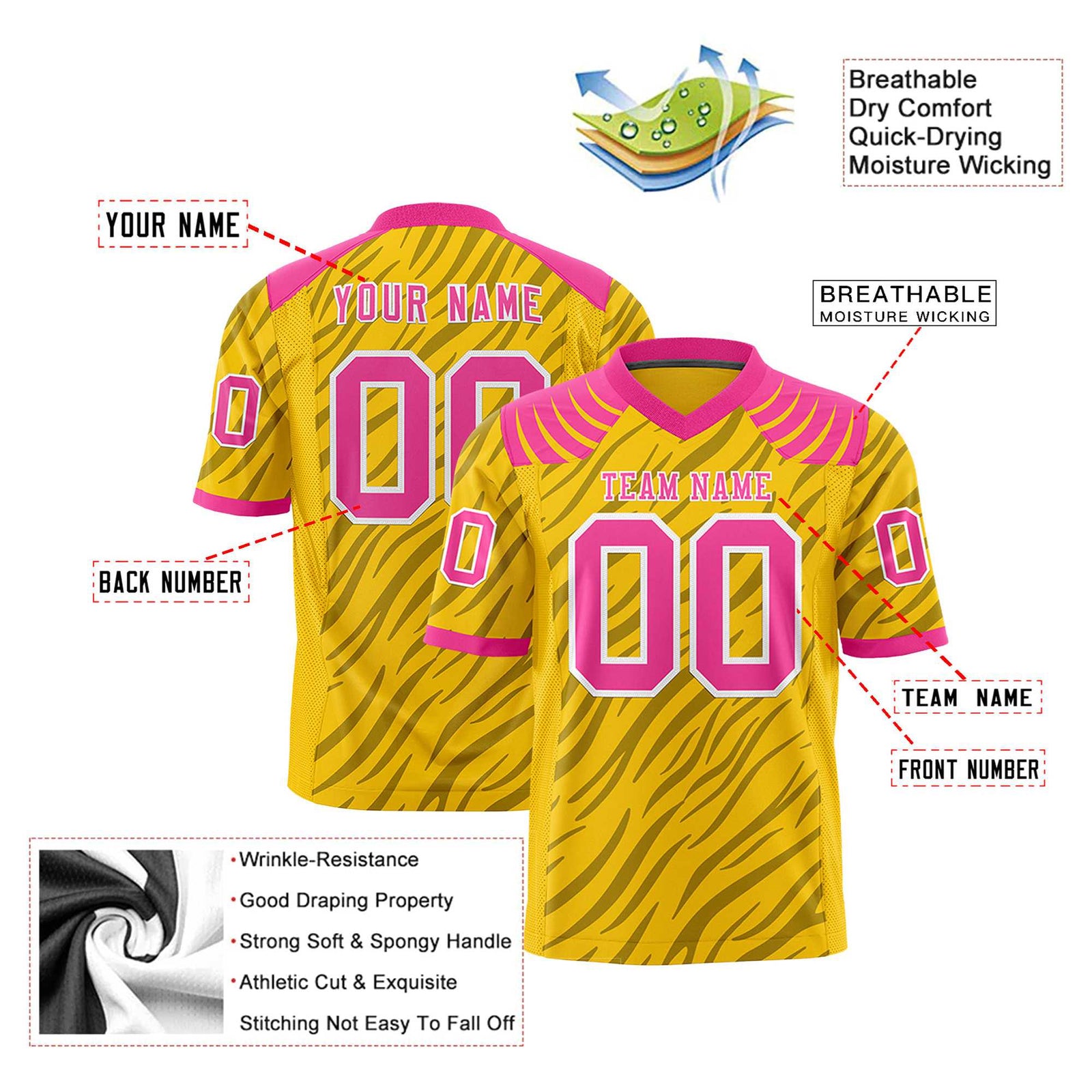 Custom Yellow Gray Personalized Tiger Stripe Graffiti Pattern Authentic Football Jersey