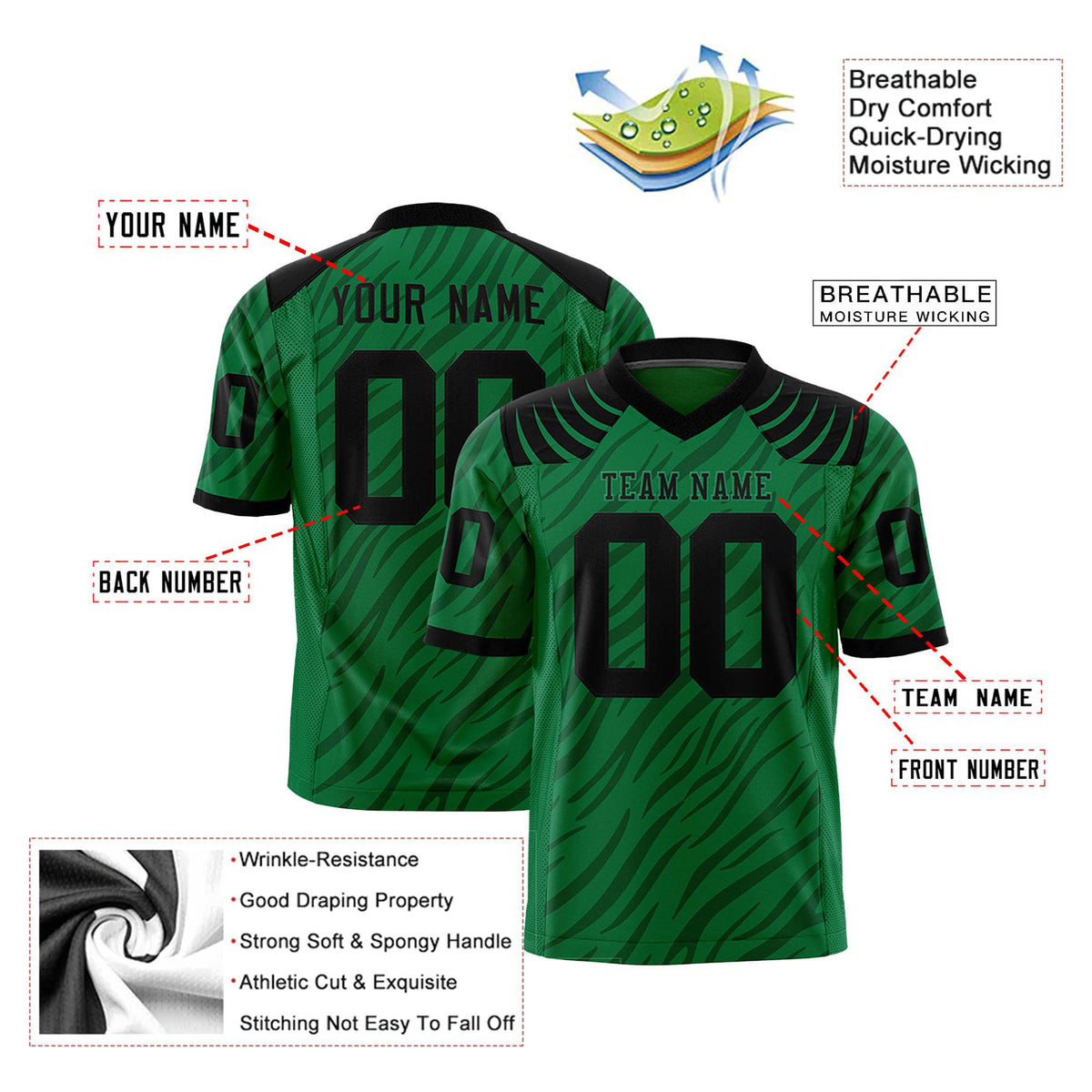 Custom Kelly Green Gray Personalized Tiger Stripe Graffiti Pattern Authentic Football Jersey