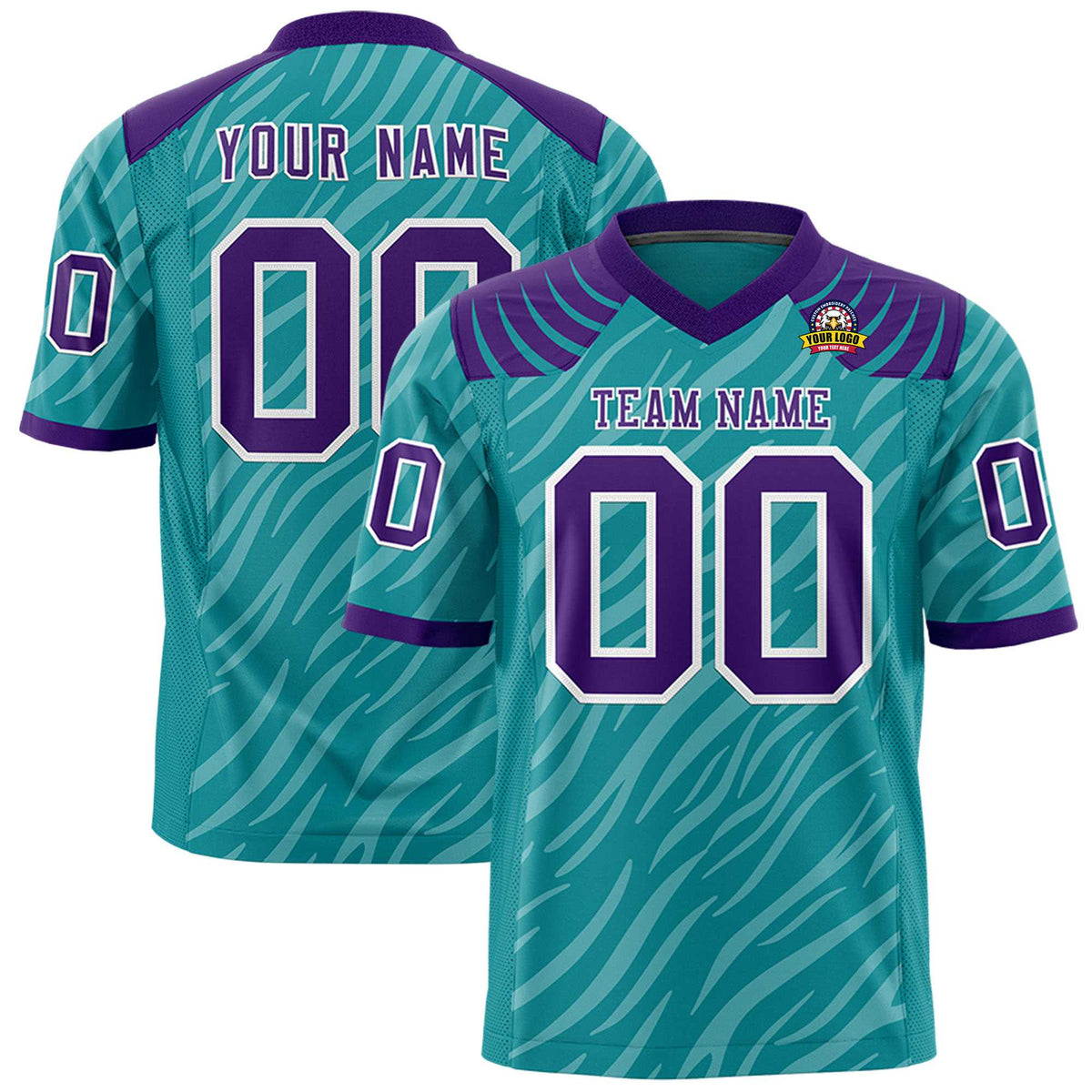 Custom Aqua Purple Personalized Tiger Stripe Graffiti Pattern Authentic Football Jersey