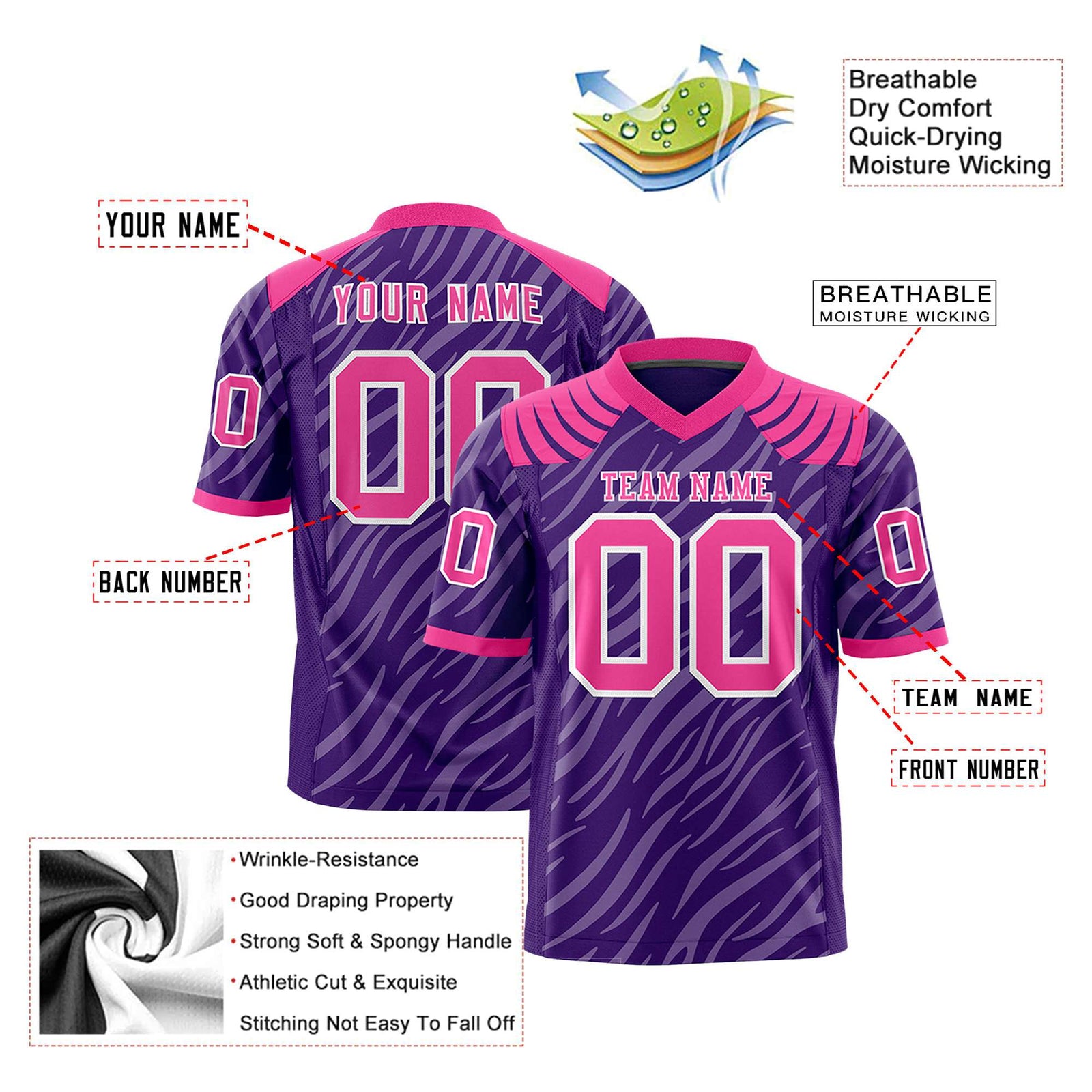 Custom Purple Pink Personalized Tiger Stripe Graffiti Pattern Authentic Football Jersey
