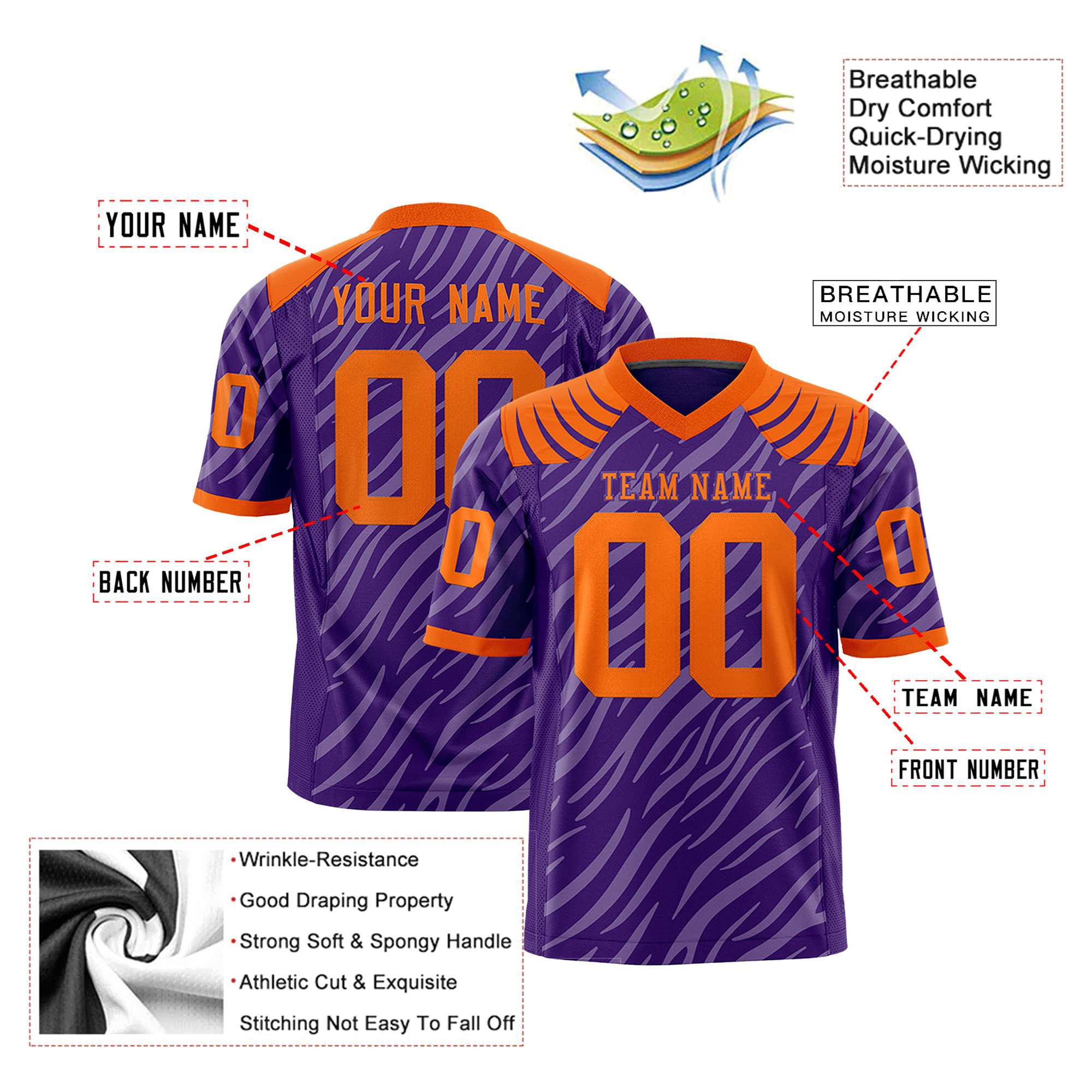 Custom Purple Orange Personalized Tiger Stripe Graffiti Pattern Authentic Football Jersey