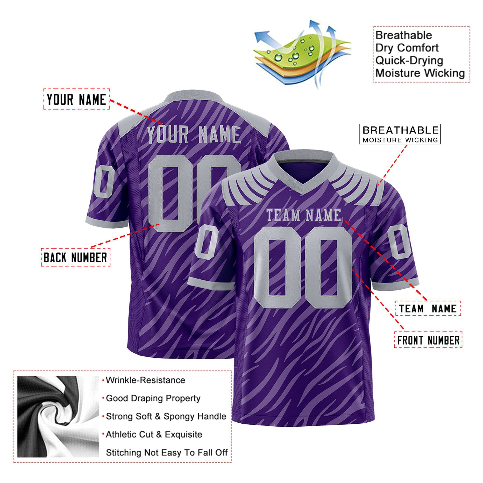 Custom Purple Gray Personalized Tiger Stripe Graffiti Pattern Authentic Football Jersey