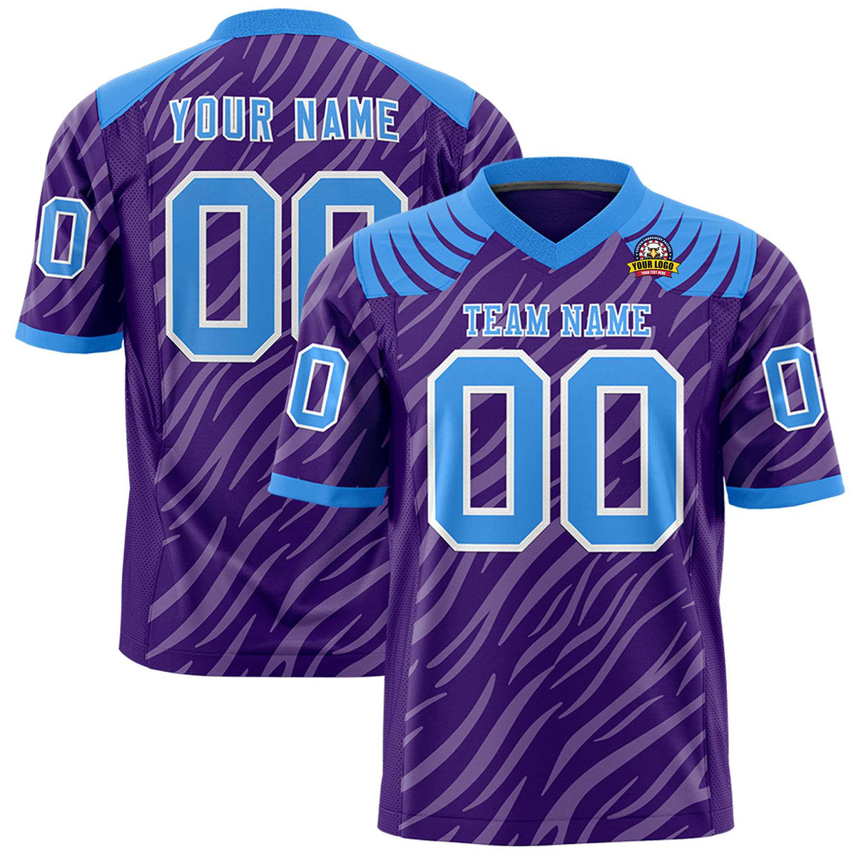 Custom Purple Powder Blue Personalized Tiger Stripe Graffiti Pattern Authentic Football Jersey