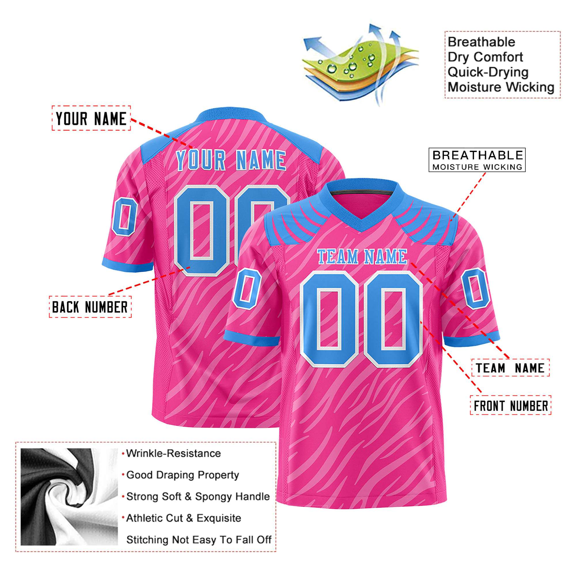 Custom Pink Powder Blue Personalized Tiger Stripe Graffiti Pattern Authentic Football Jersey