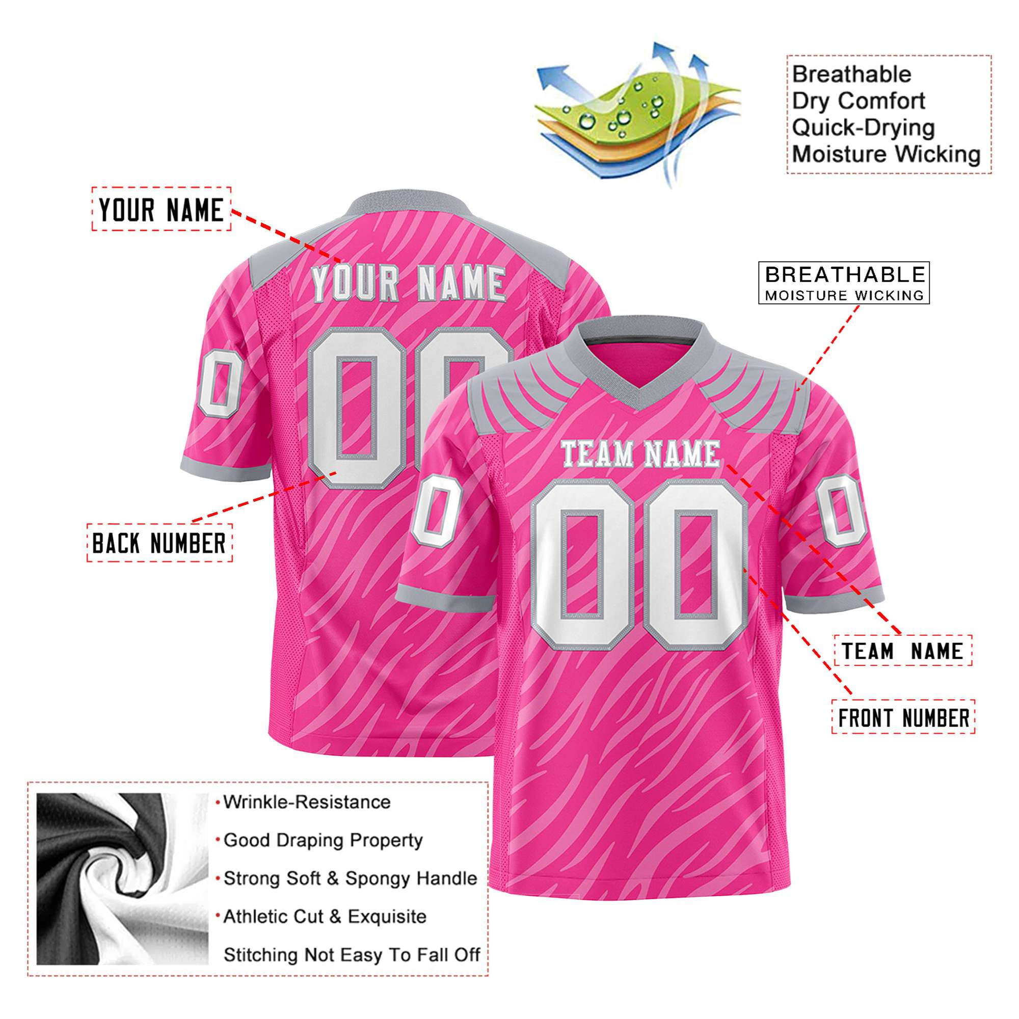 Custom Pink Gray Personalized Tiger Stripe Graffiti Pattern Authentic Football Jersey