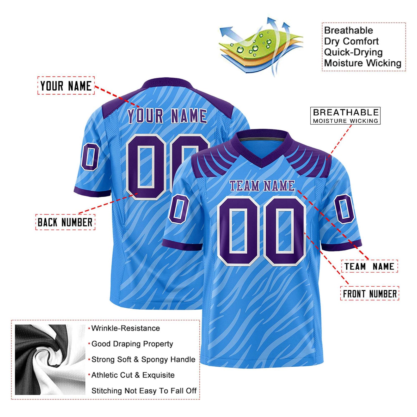 Custom Powder Blue Purple Personalized Tiger Stripe Graffiti Pattern Authentic Football Jersey