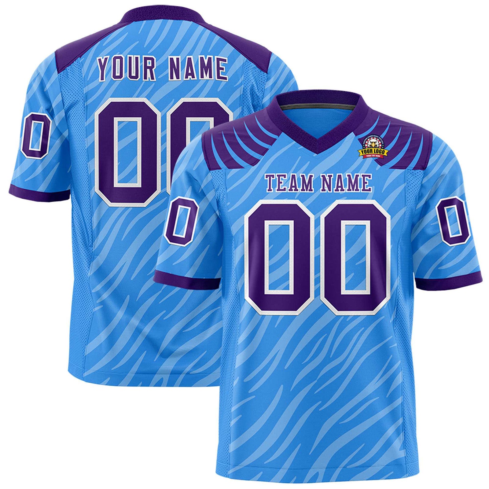 Custom Powder Blue Purple Personalized Tiger Stripe Graffiti Pattern Authentic Football Jersey