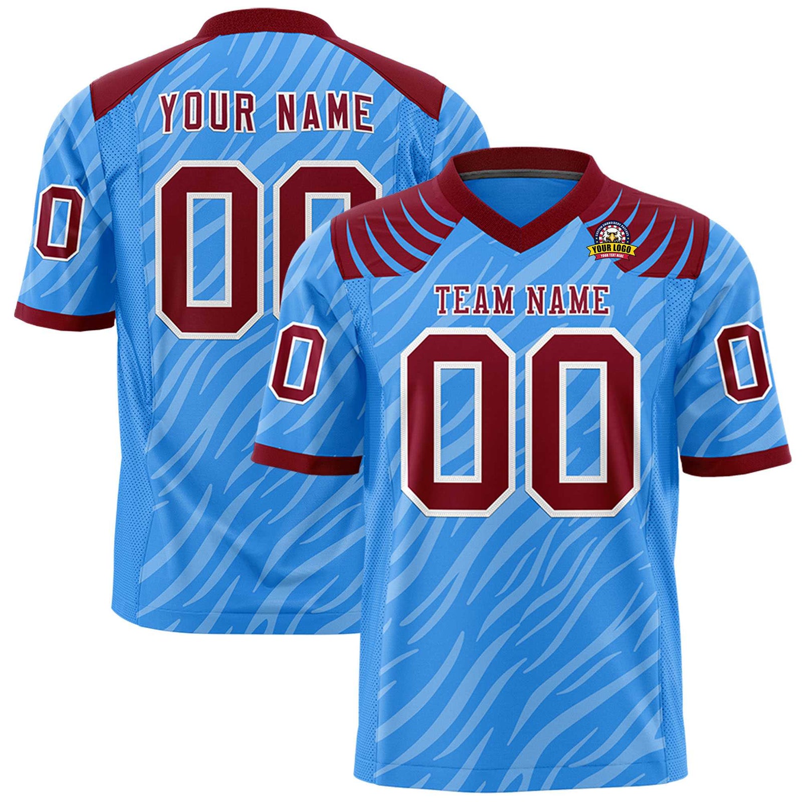 Custom Powder Blue Crimson Personalized Tiger Stripe Graffiti Pattern Authentic Football Jersey