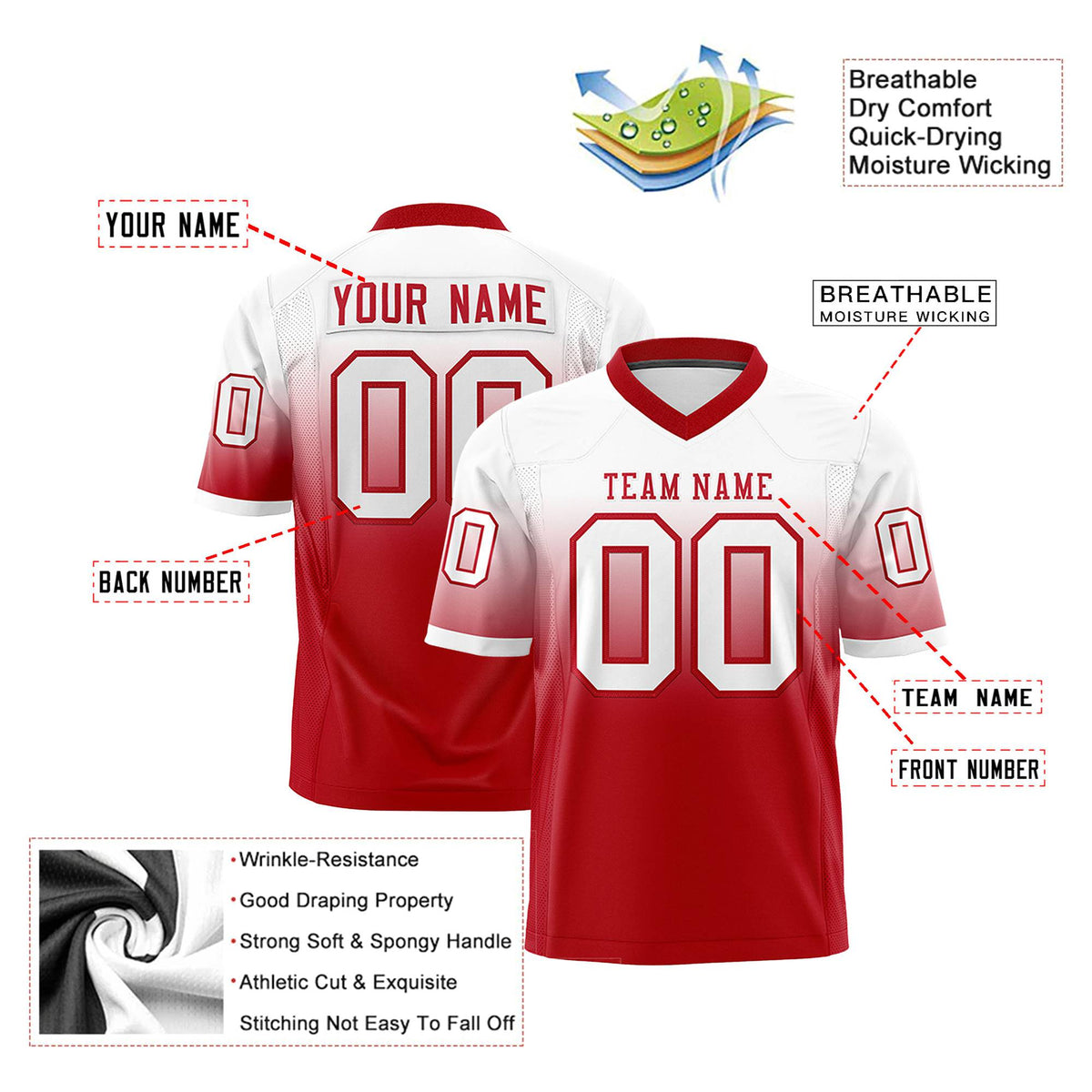 Custom White Red Gradient Fashion Mesh Authentic Football Jersey
